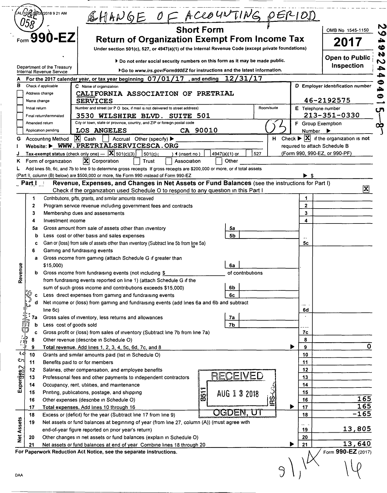 Image of first page of 2017 Form 990EZ for California Association of Pretrial Services