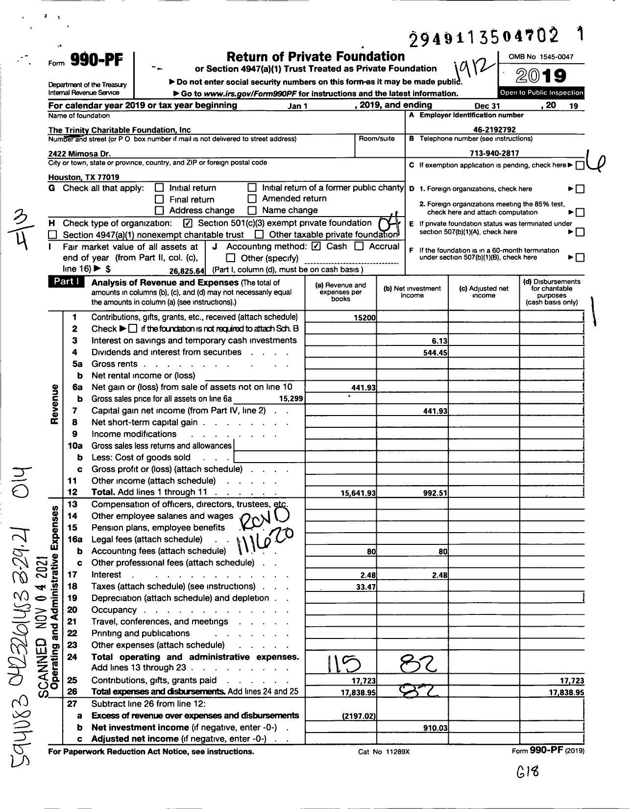 Image of first page of 2019 Form 990PF for The Trinity Charitable Foundation