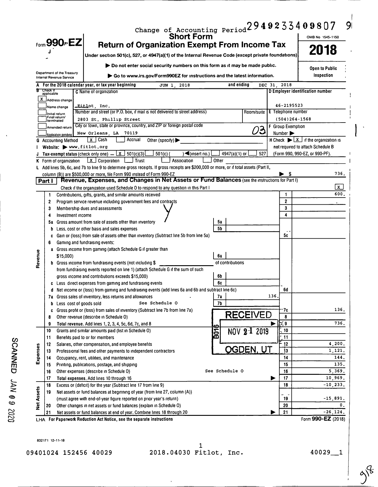 Image of first page of 2018 Form 990EZ for FitLot