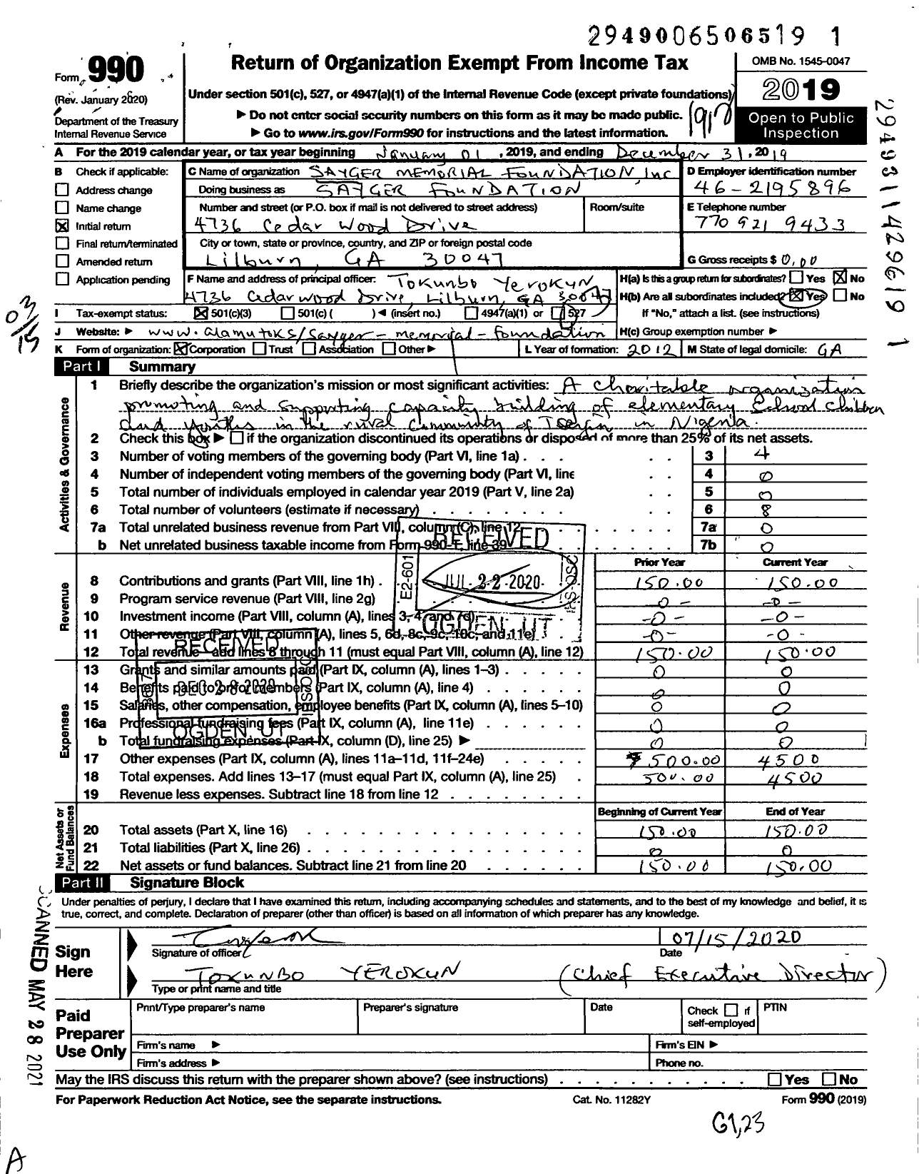 Image of first page of 2019 Form 990 for Sayger Memorial Foundation