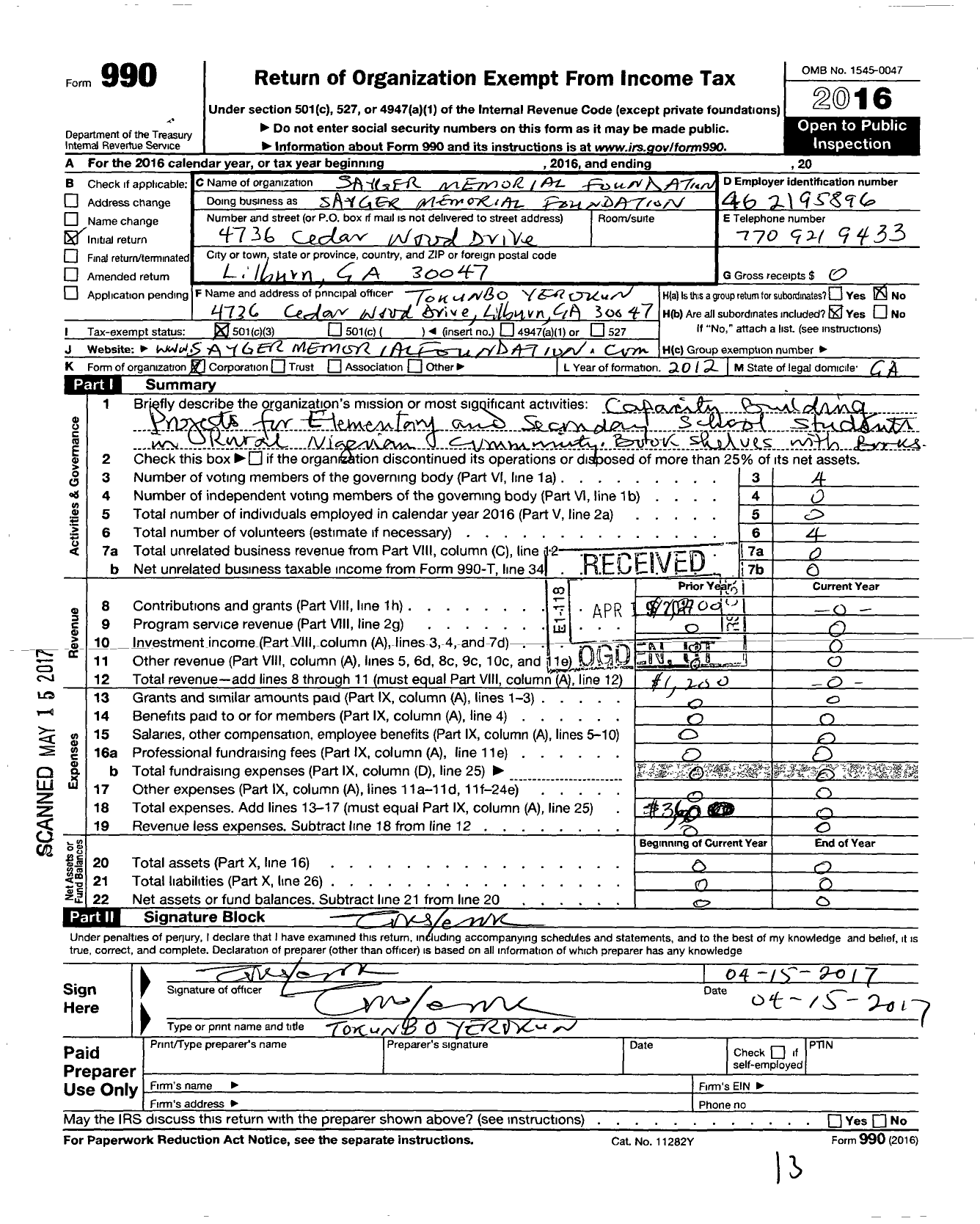 Image of first page of 2016 Form 990 for Sayger Memorial Foundation