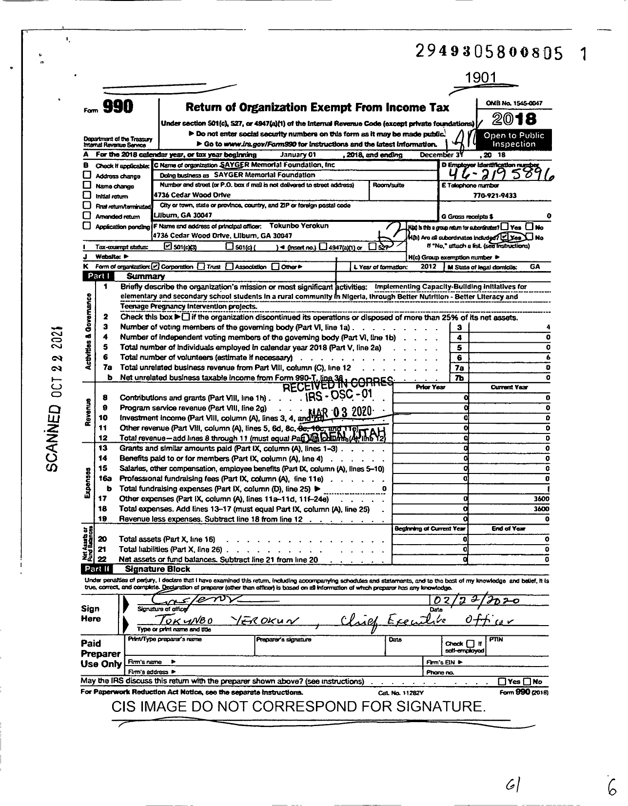 Image of first page of 2018 Form 990 for Sayger Memorial Foundation