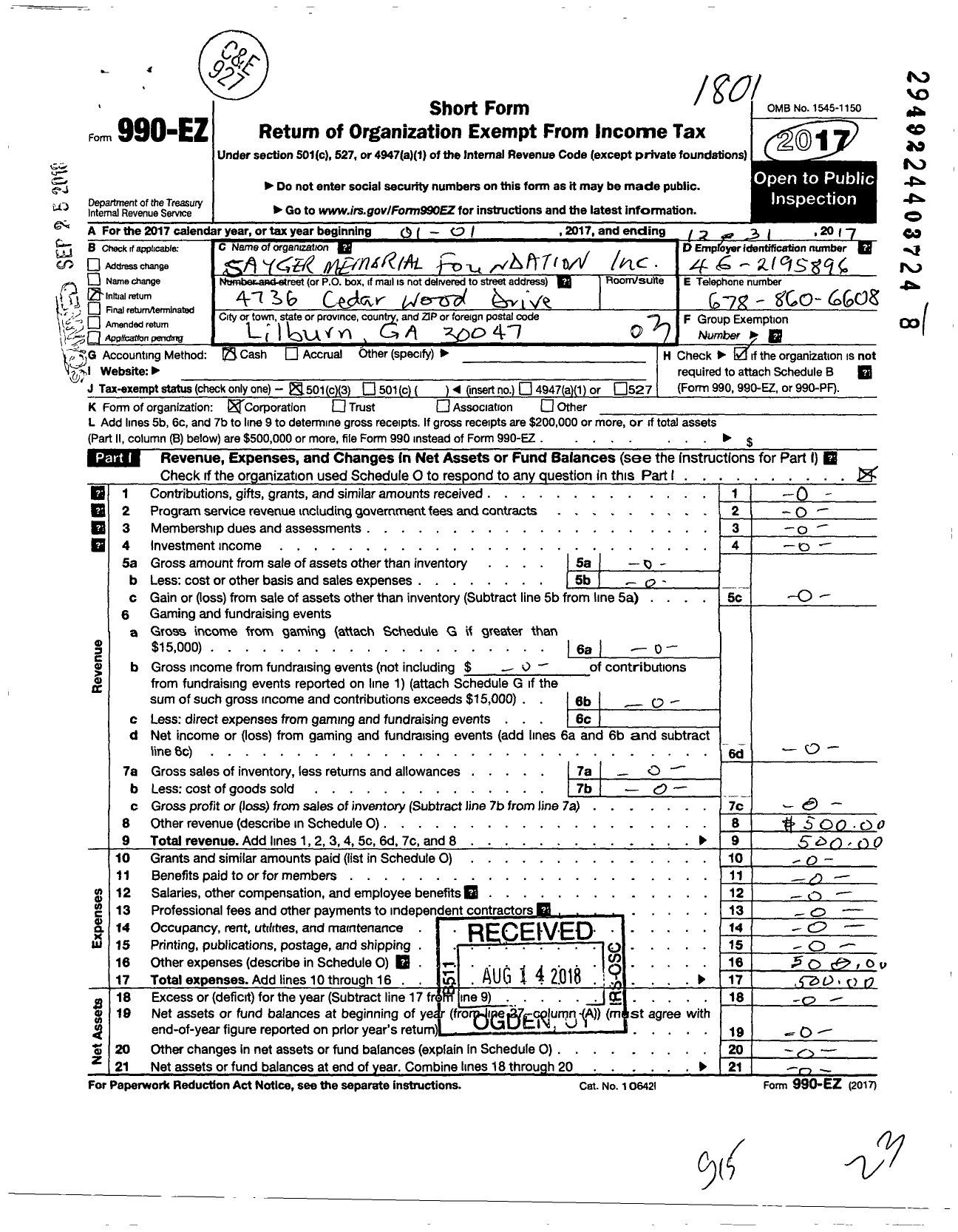 Image of first page of 2017 Form 990EZ for Sayger Memorial Foundation