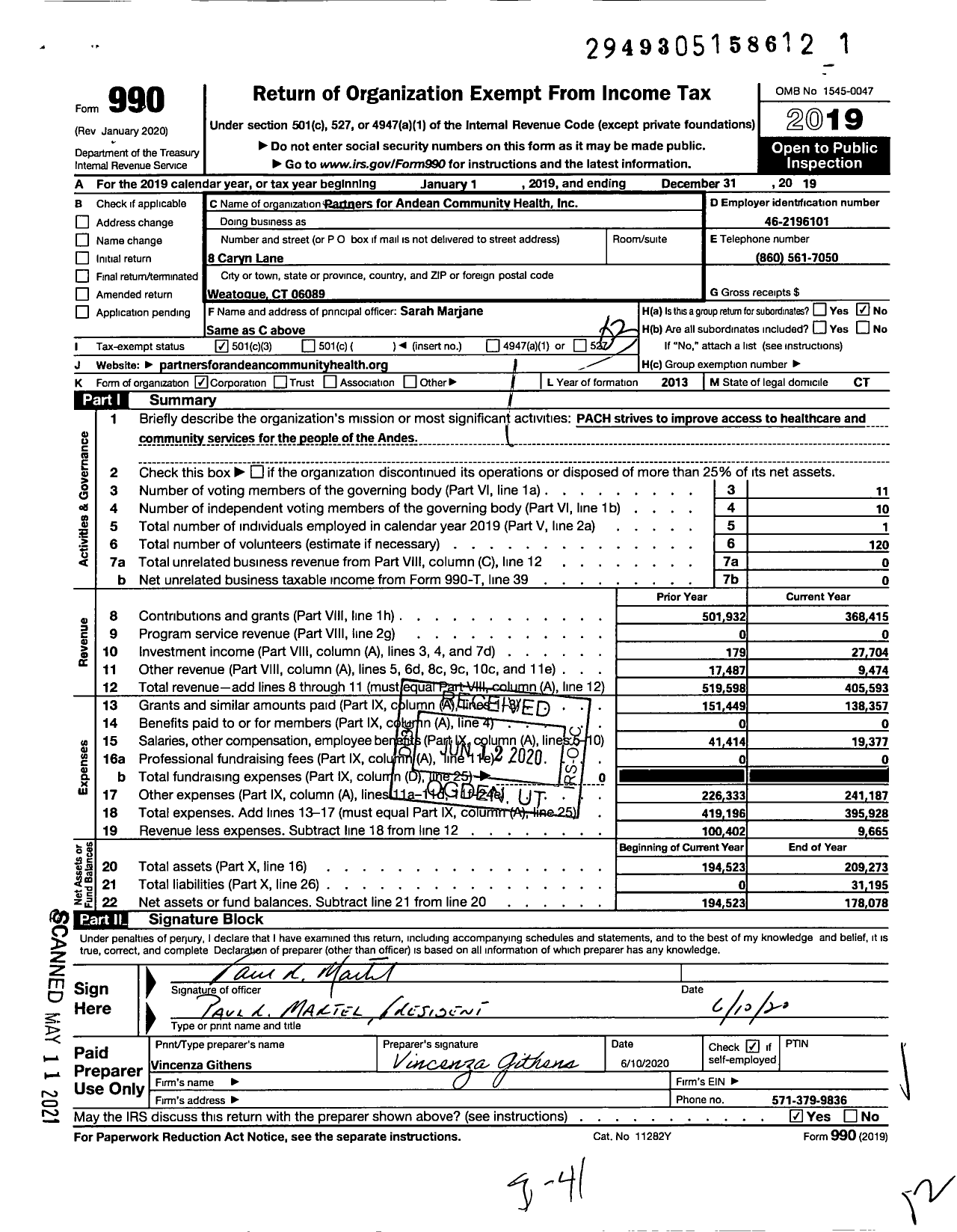 Image of first page of 2019 Form 990 for Partners for Andean Community Health