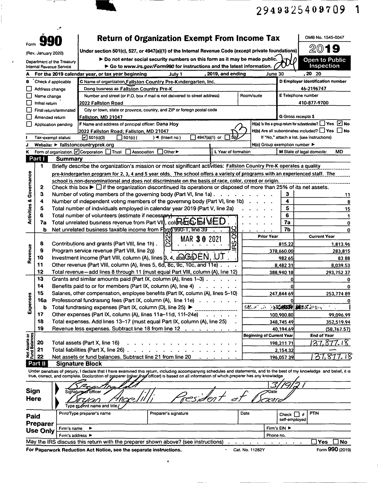 Image of first page of 2019 Form 990 for Fallston Country Pre-K