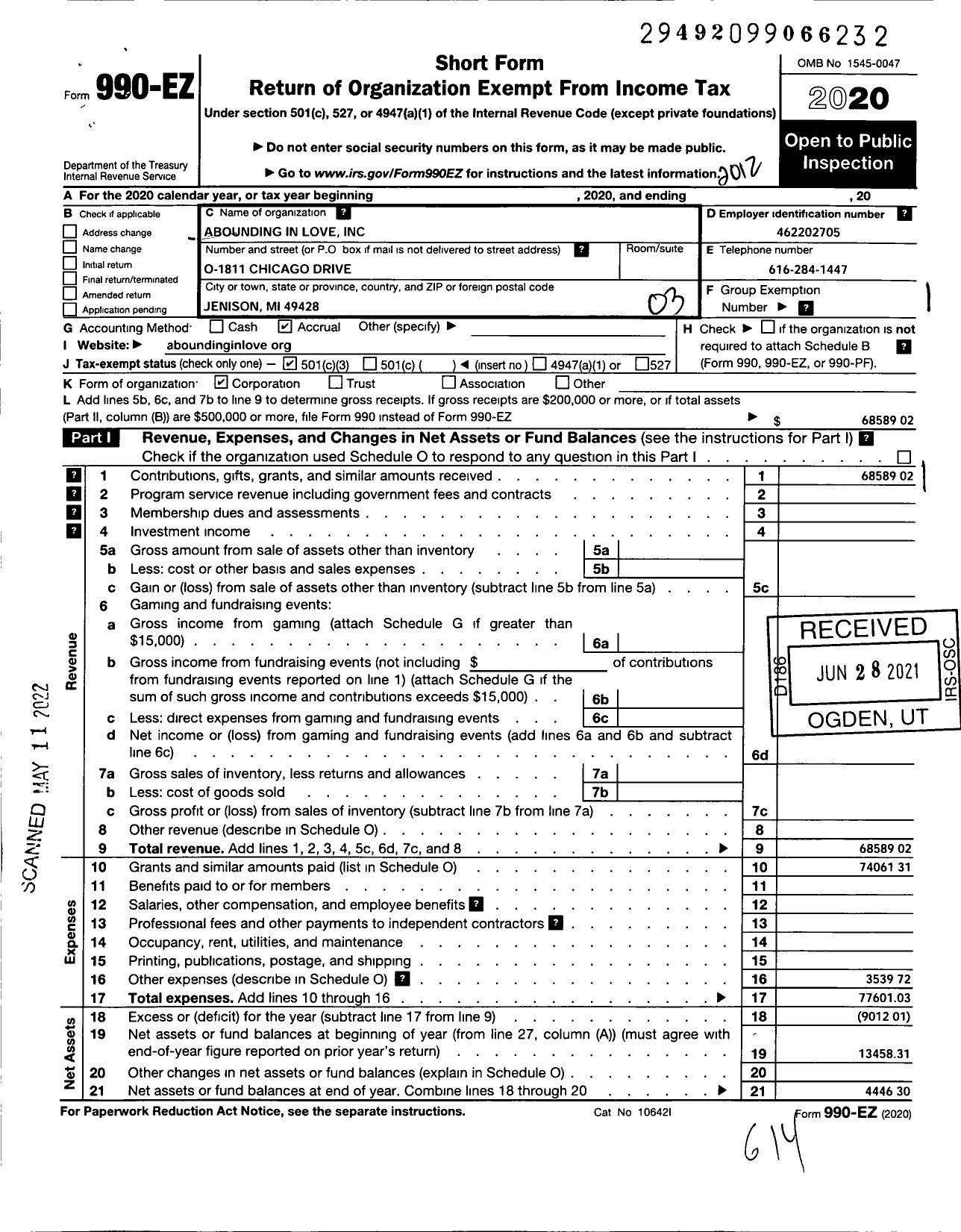 Image of first page of 2020 Form 990EZ for Abounding in Love