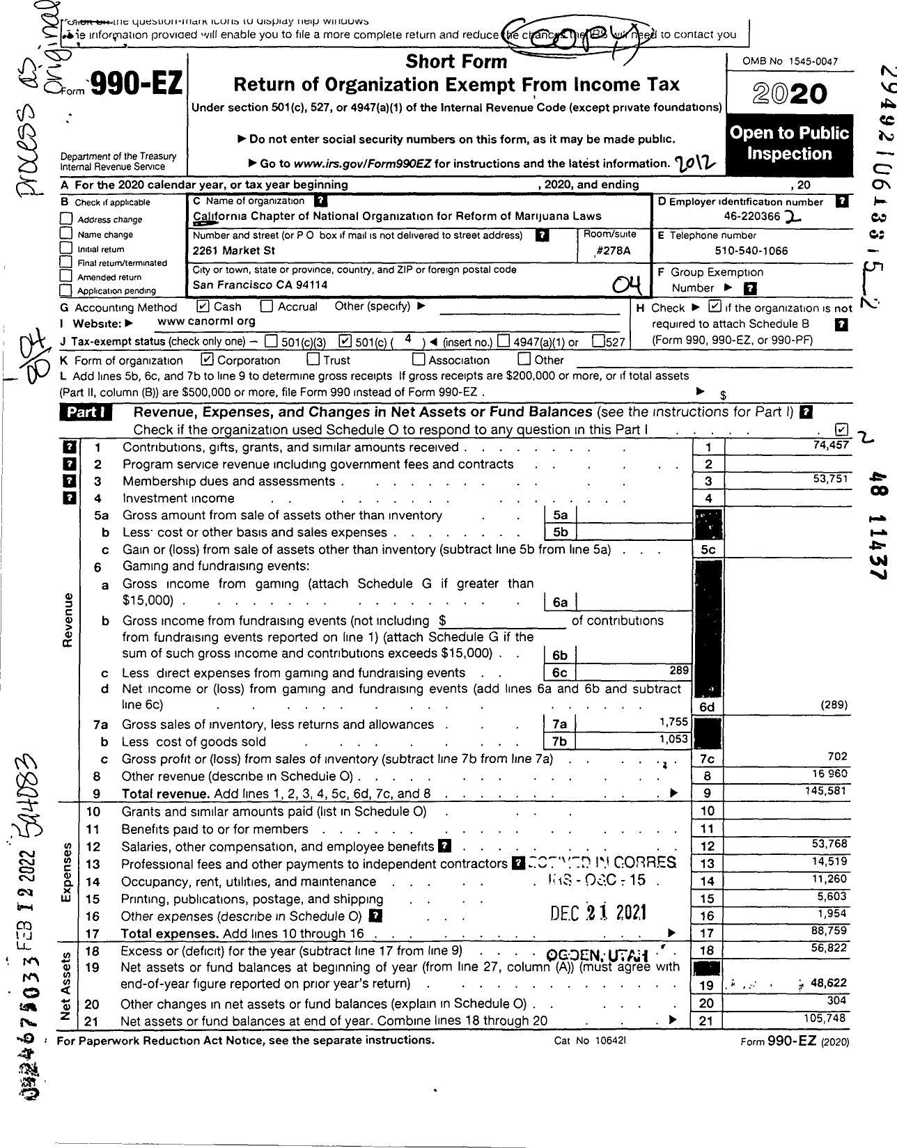 Image of first page of 2020 Form 990EO for California Chapter of the National Organization for the Reform of Mar