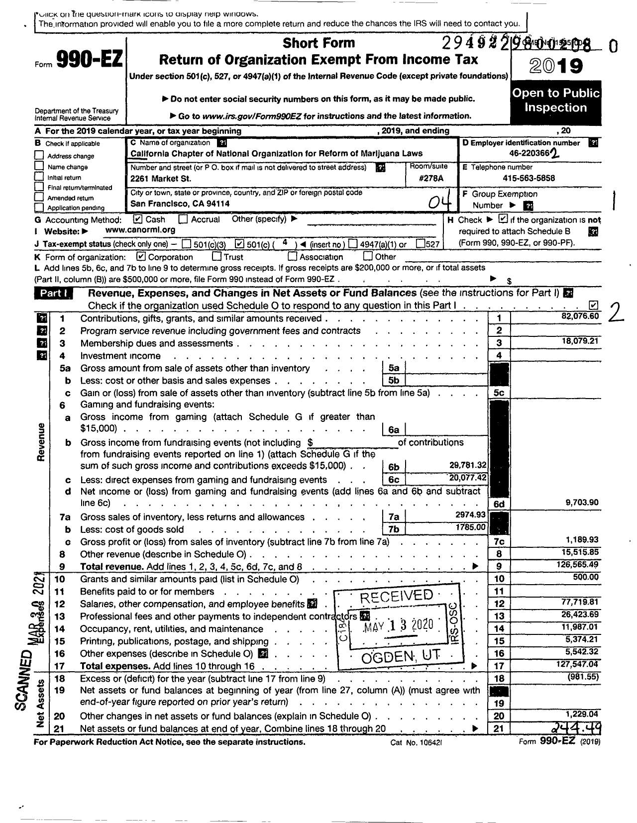 Image of first page of 2019 Form 990EO for California Chapter of the National Organization for the Reform of Mar