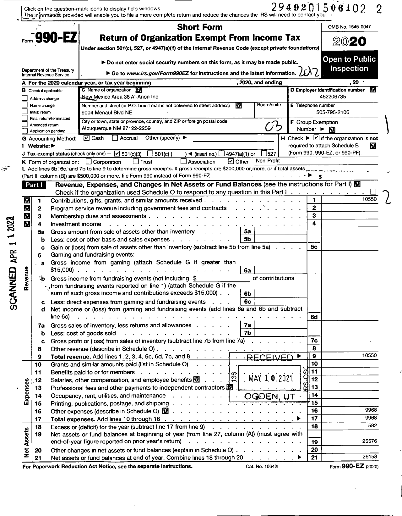 Image of first page of 2020 Form 990EZ for New Mexico Area 38 Al-Anon