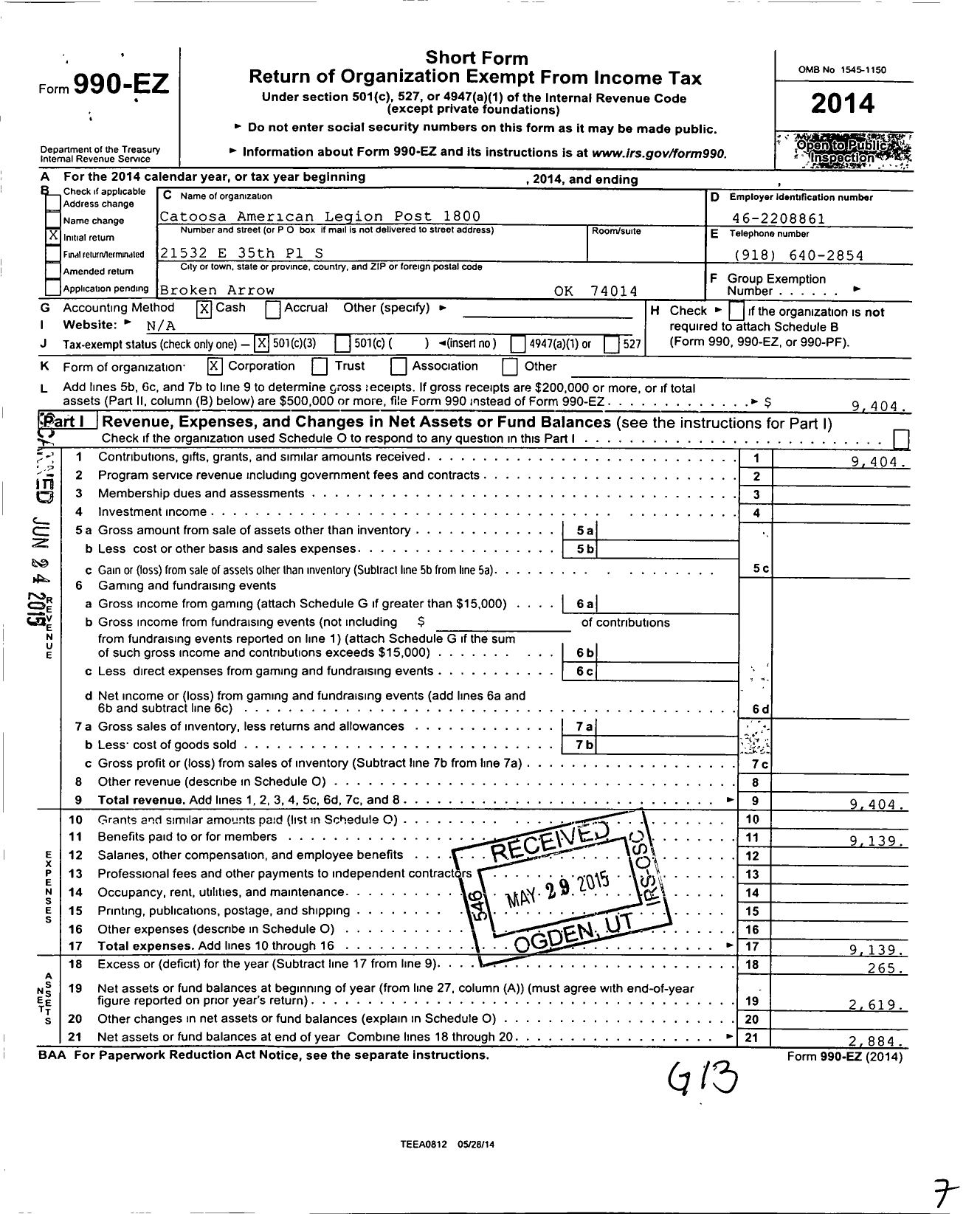 Image of first page of 2014 Form 990EZ for American Legion - Cherokee Post 1800