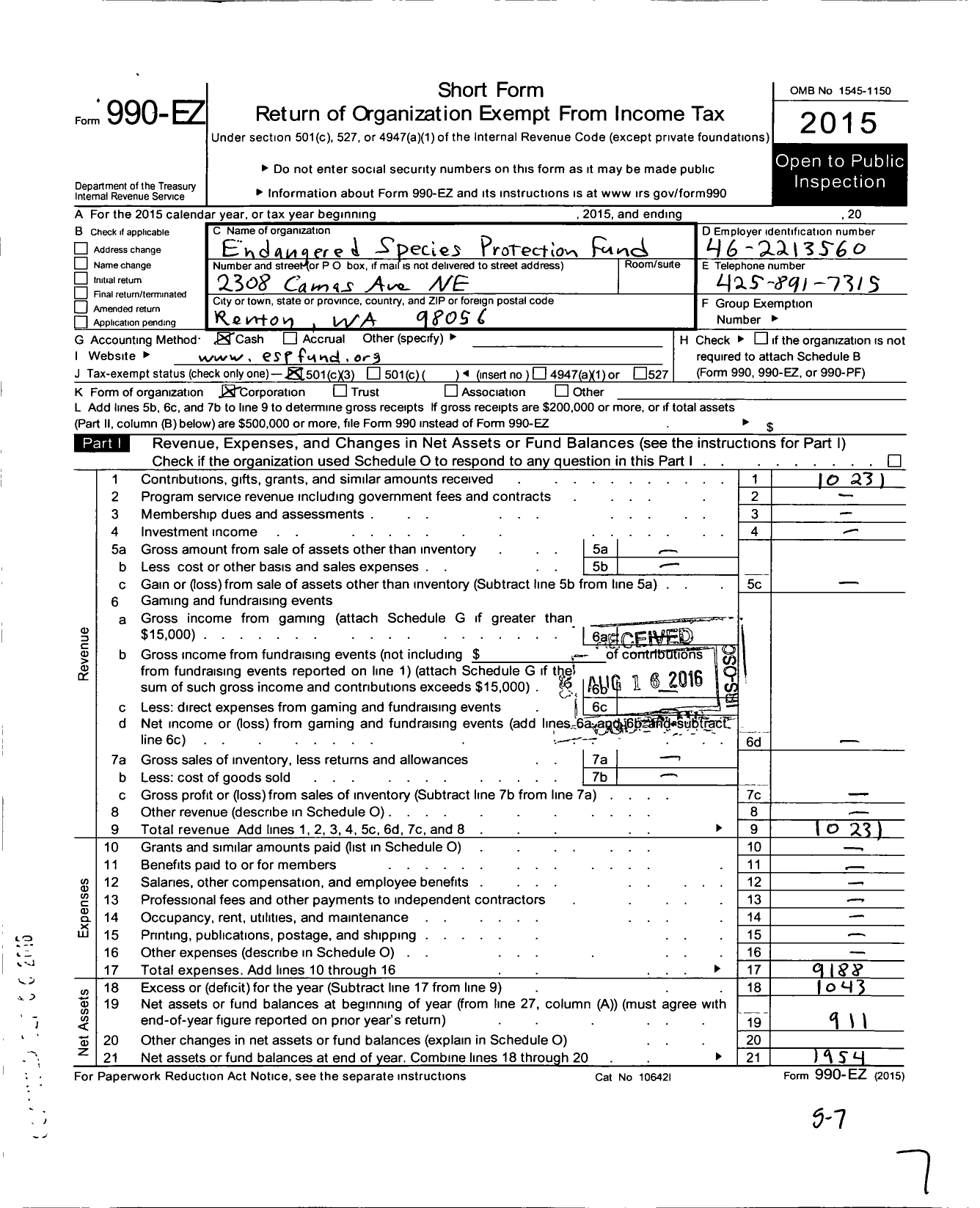 Image of first page of 2015 Form 990EZ for Endangered Species Protection Fund