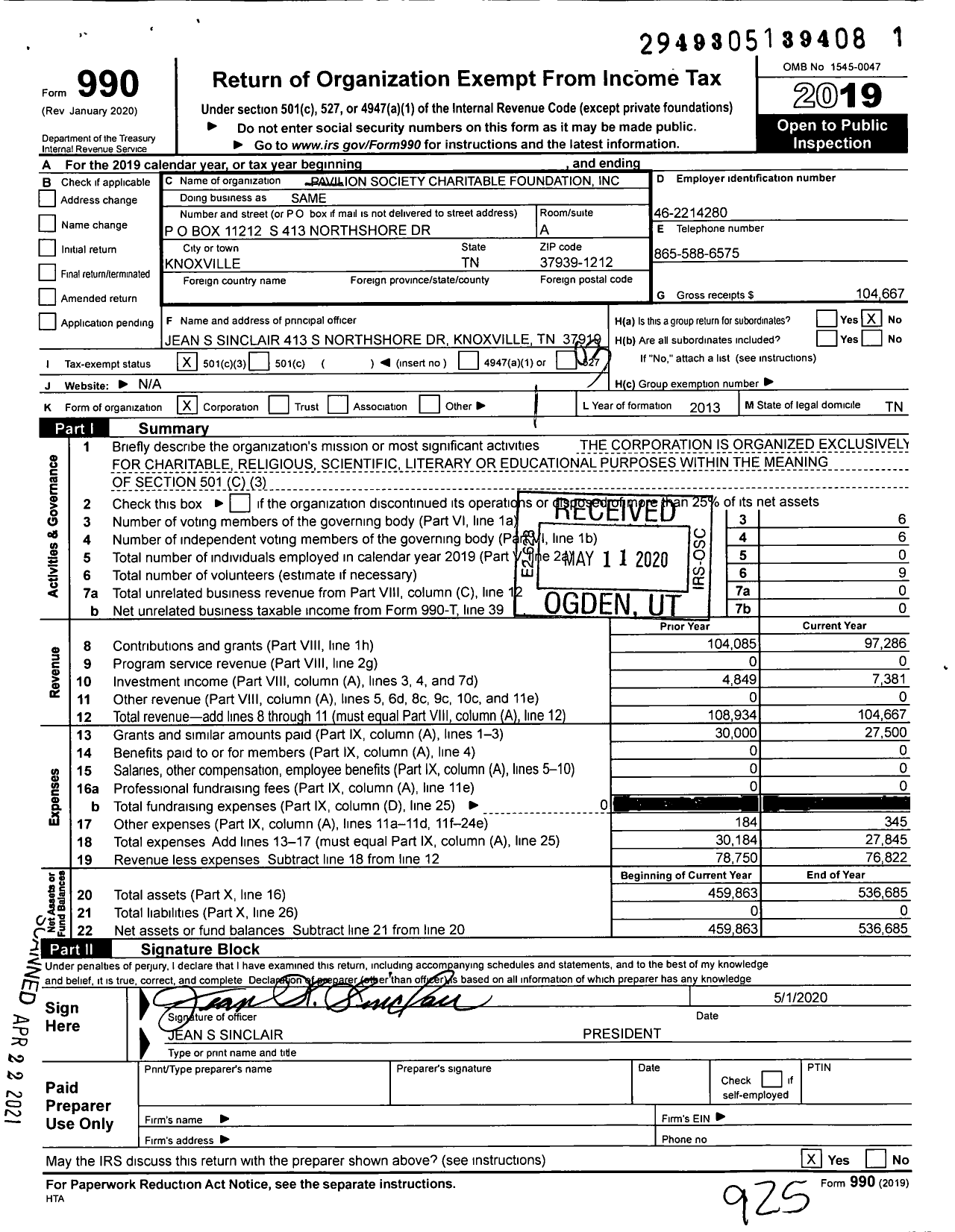 Image of first page of 2019 Form 990 for Pavilion Society Charitable Foundation