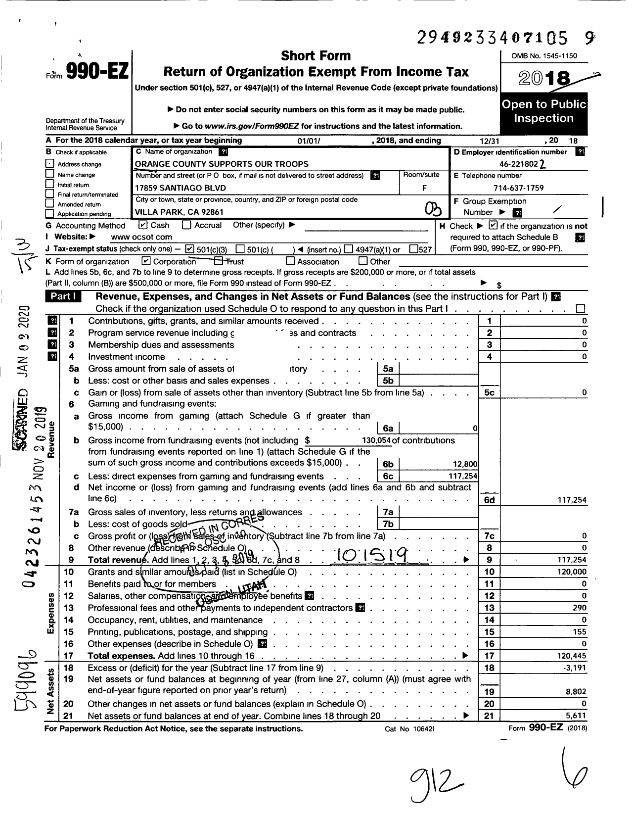 Image of first page of 2018 Form 990EZ for Orange County Supports Our Troops