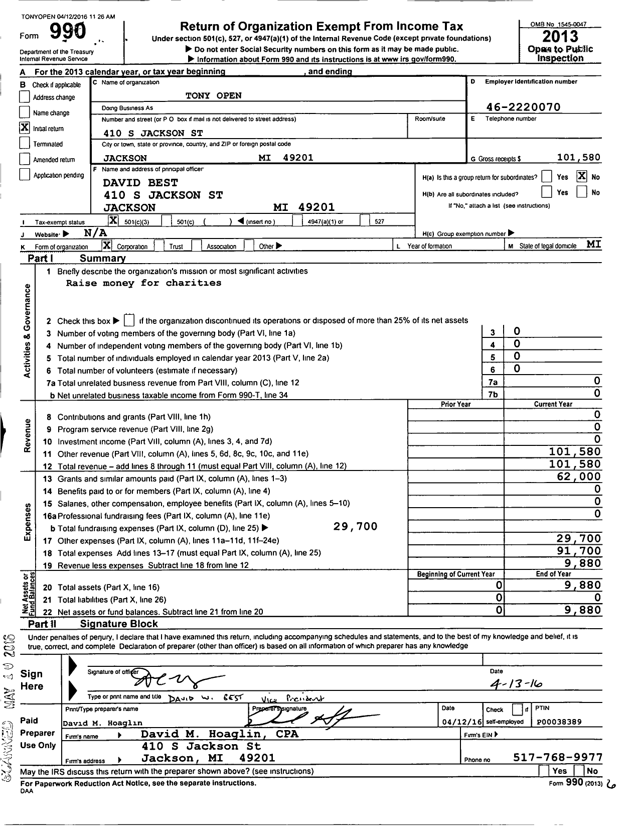 Image of first page of 2013 Form 990 for Tony Open