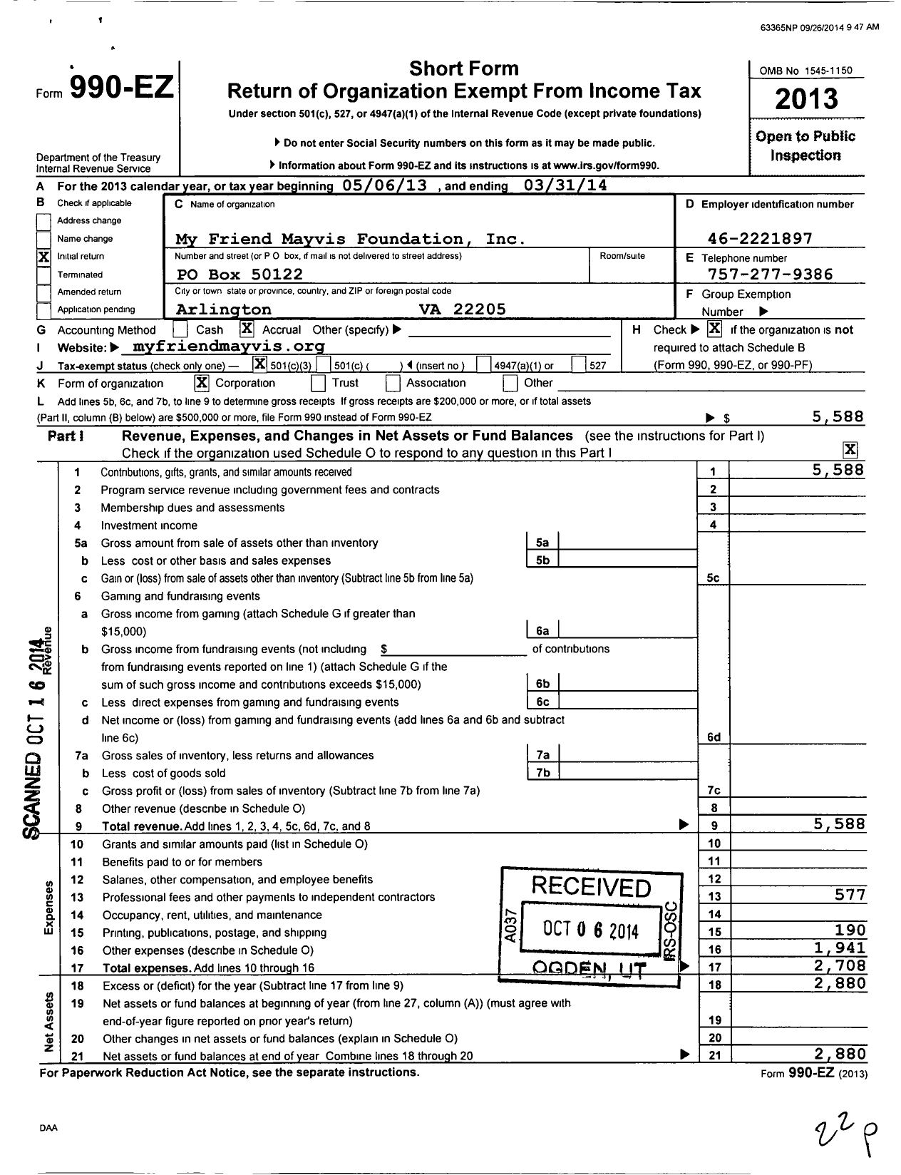 Image of first page of 2013 Form 990EZ for My Friend Mayvis Foundation