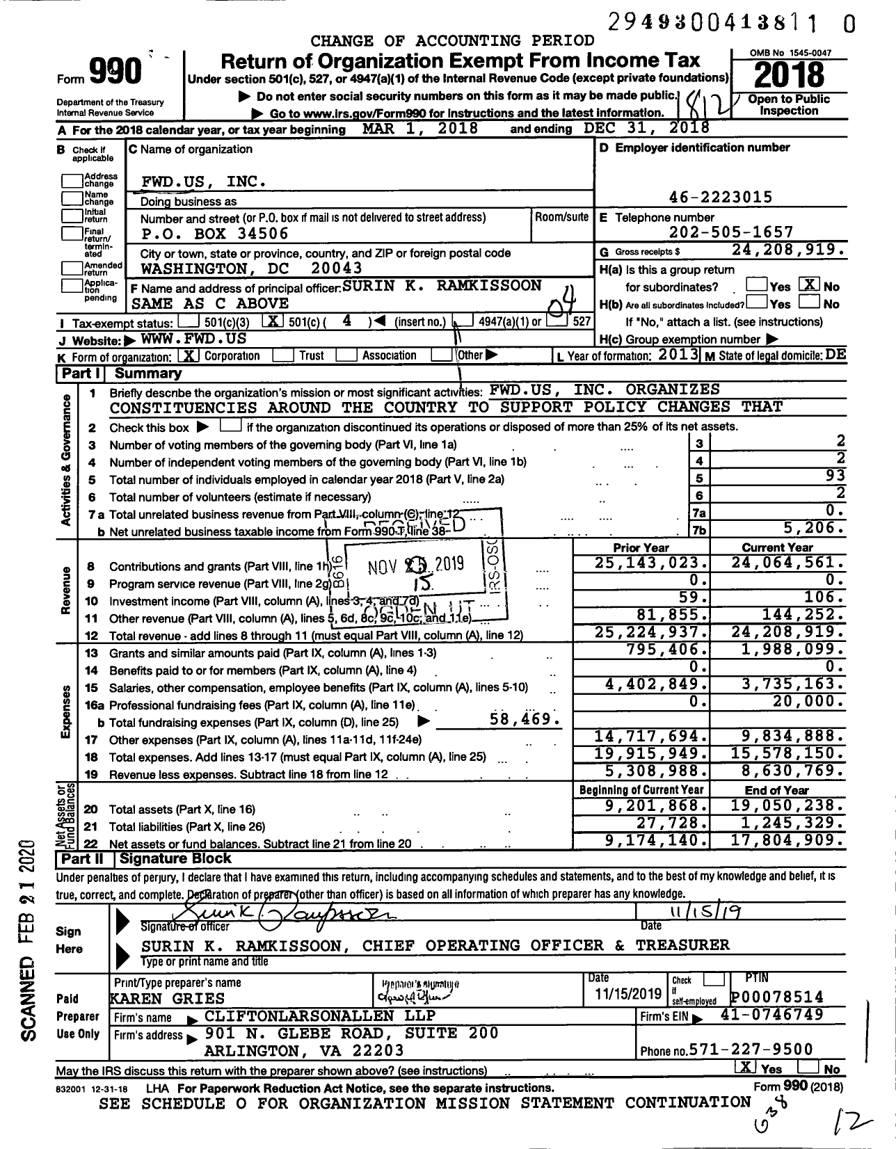Image of first page of 2018 Form 990O for Fwdus