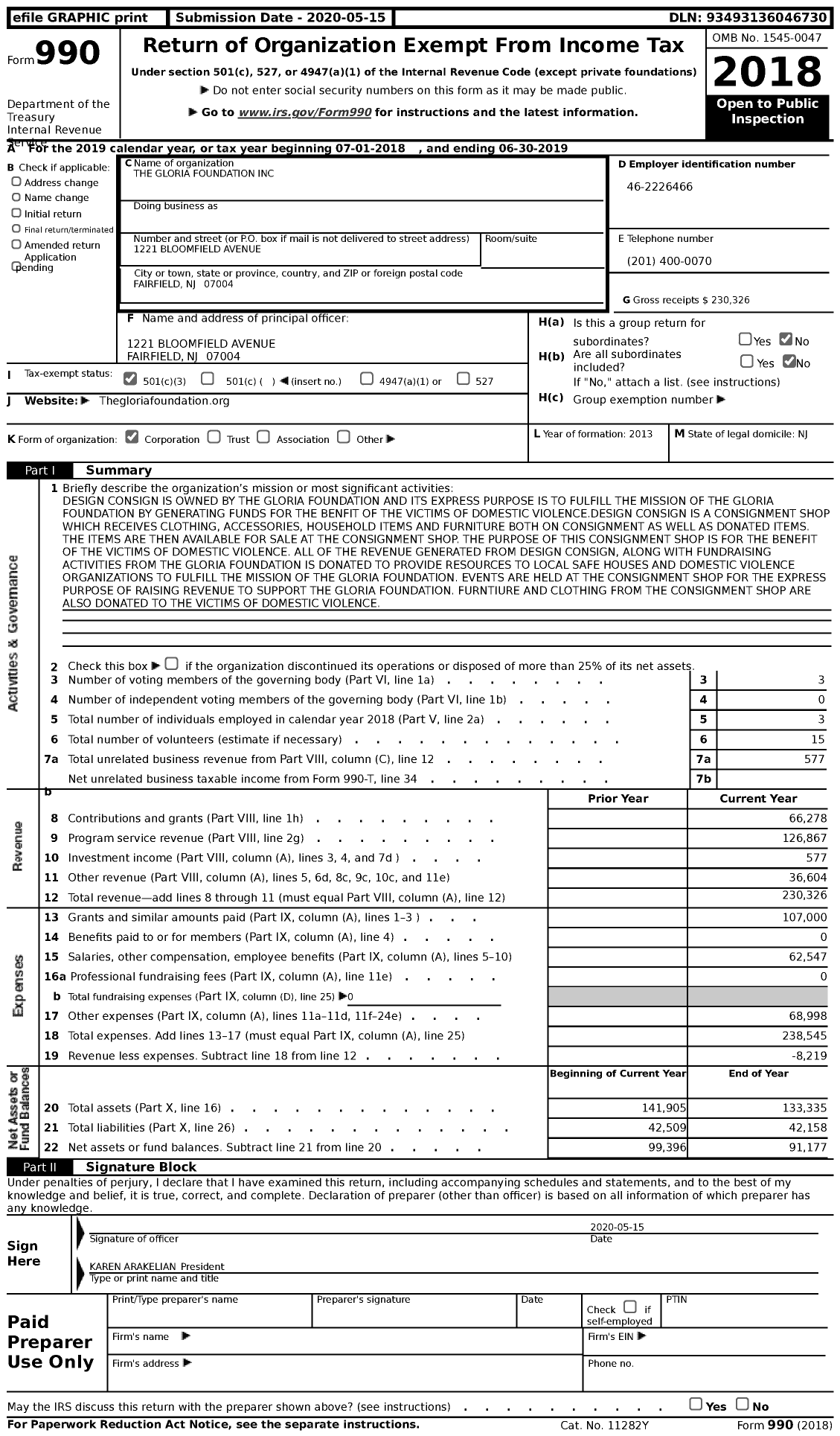 Image of first page of 2018 Form 990 for The Gloria Foundation