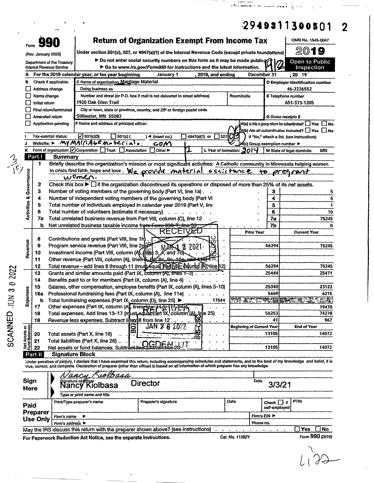 Image of first page of 2019 Form 990 for Marriage Material