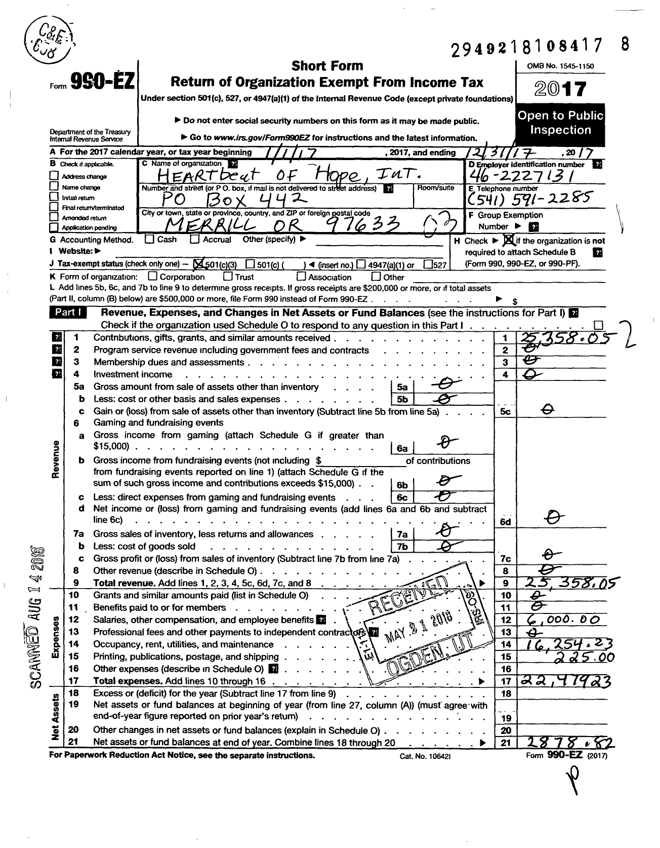 Image of first page of 2017 Form 990EZ for Heartbeat of Hope Inlt