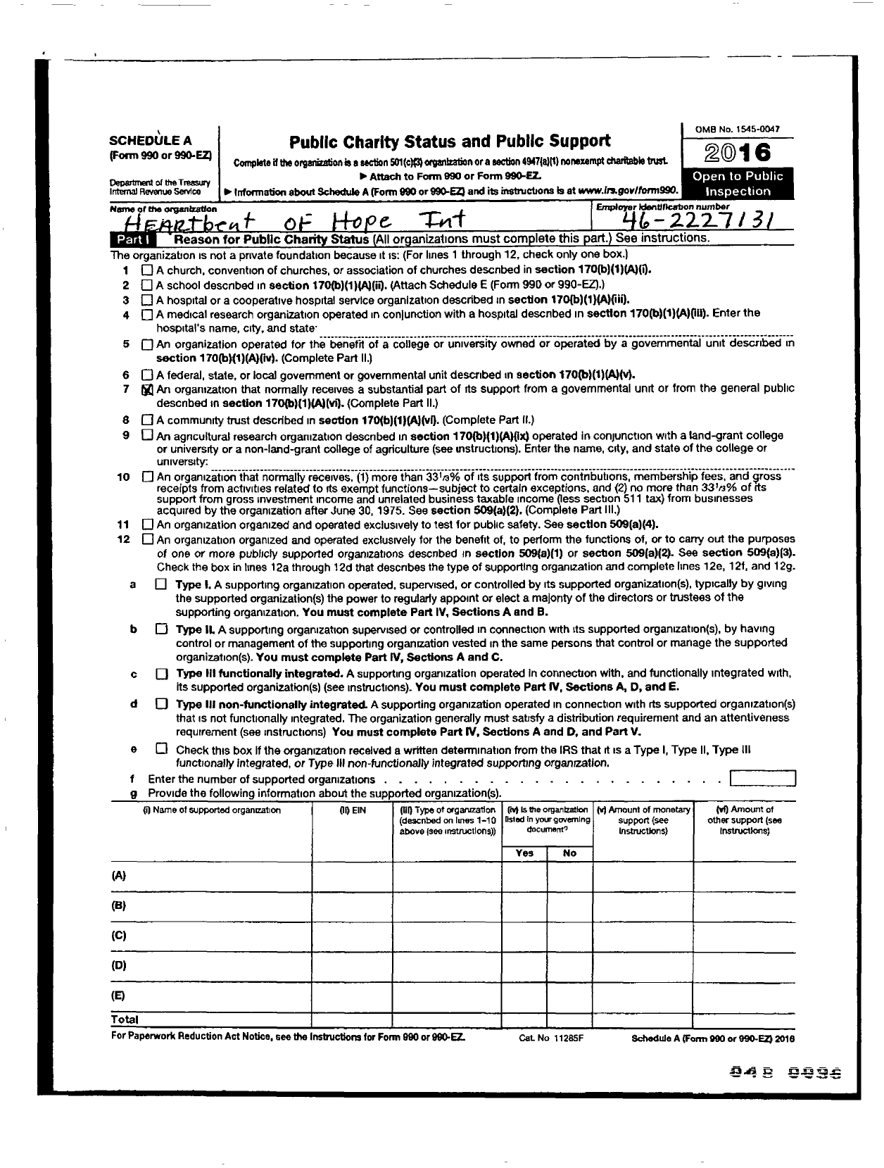 Image of first page of 2016 Form 990ER for Heartbeat of Hope Inlt