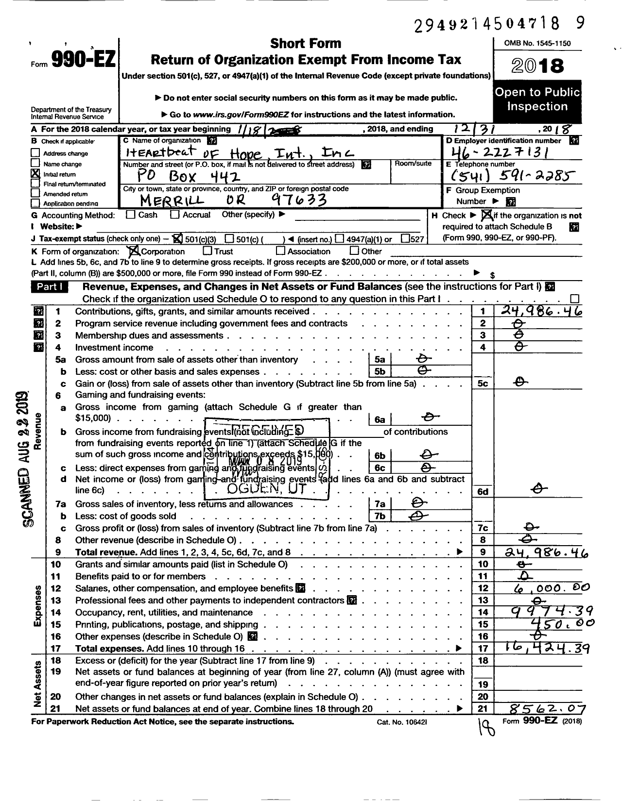 Image of first page of 2018 Form 990EZ for Heartbeat of Hope Inlt