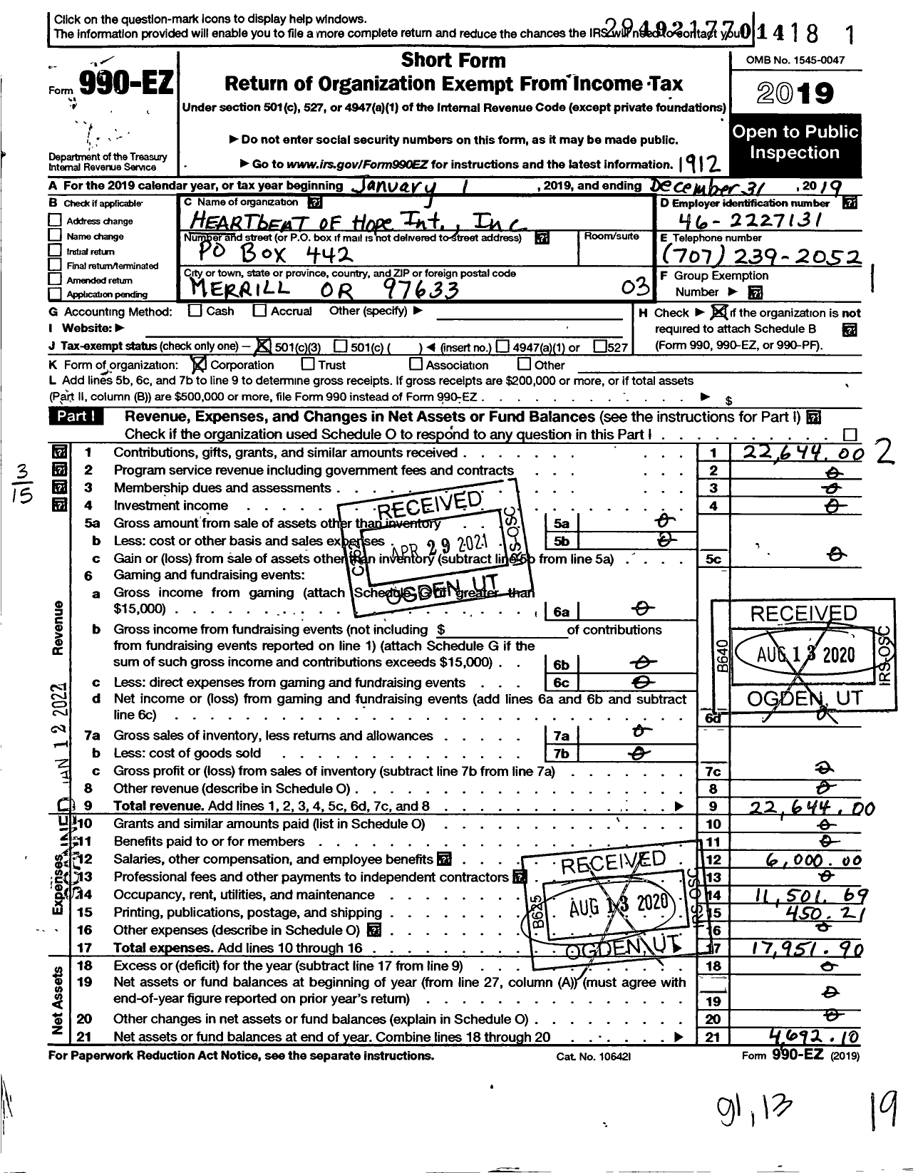 Image of first page of 2019 Form 990EZ for Heartbeat of Hope Inlt