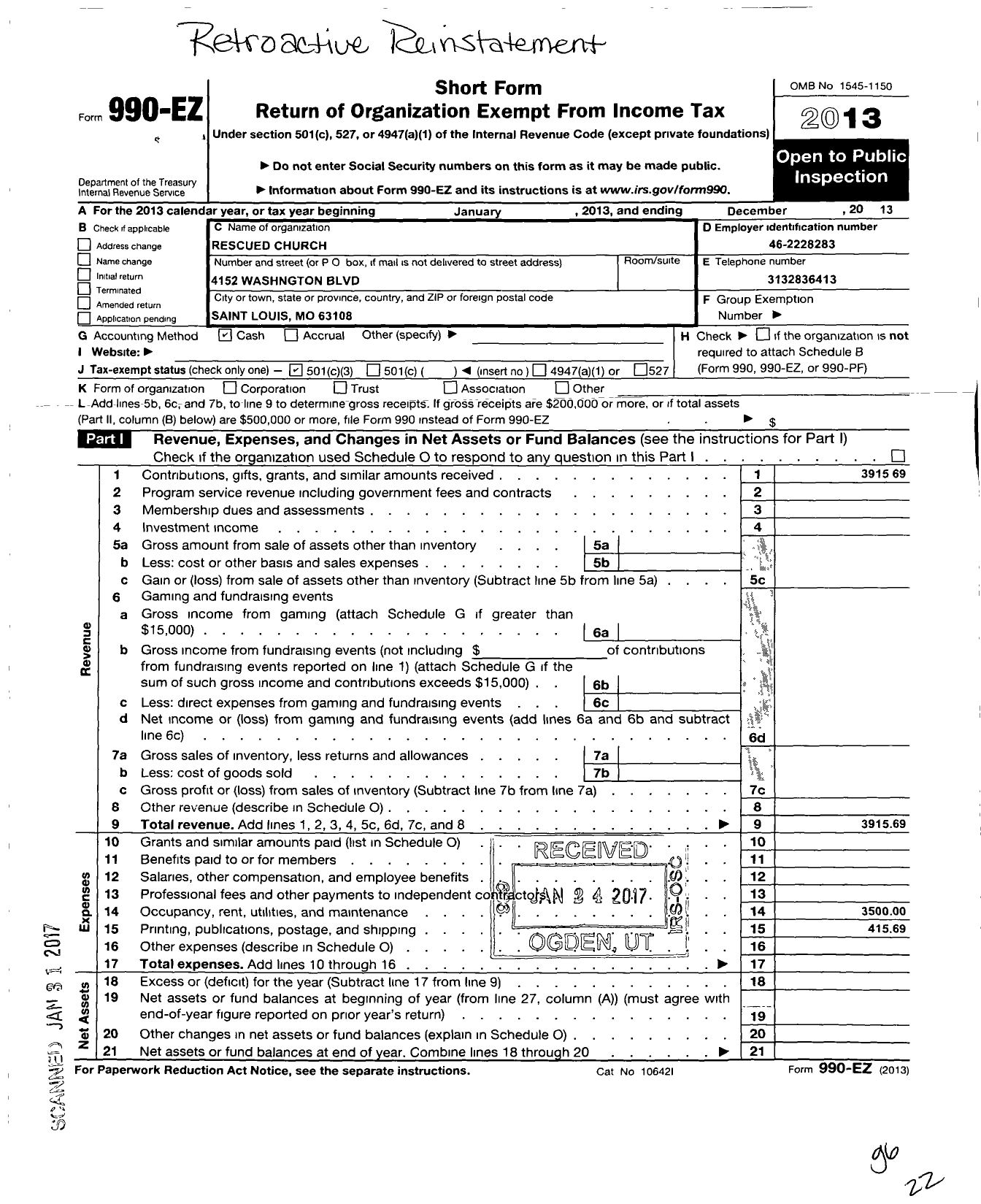 Image of first page of 2013 Form 990EZ for Rescued Church