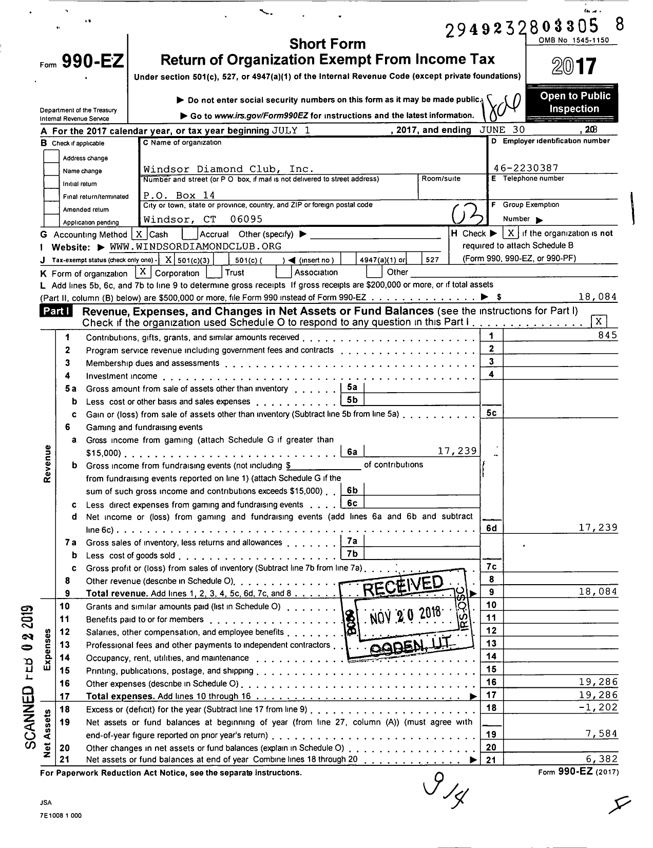 Image of first page of 2017 Form 990EZ for Windsor Diamond Club