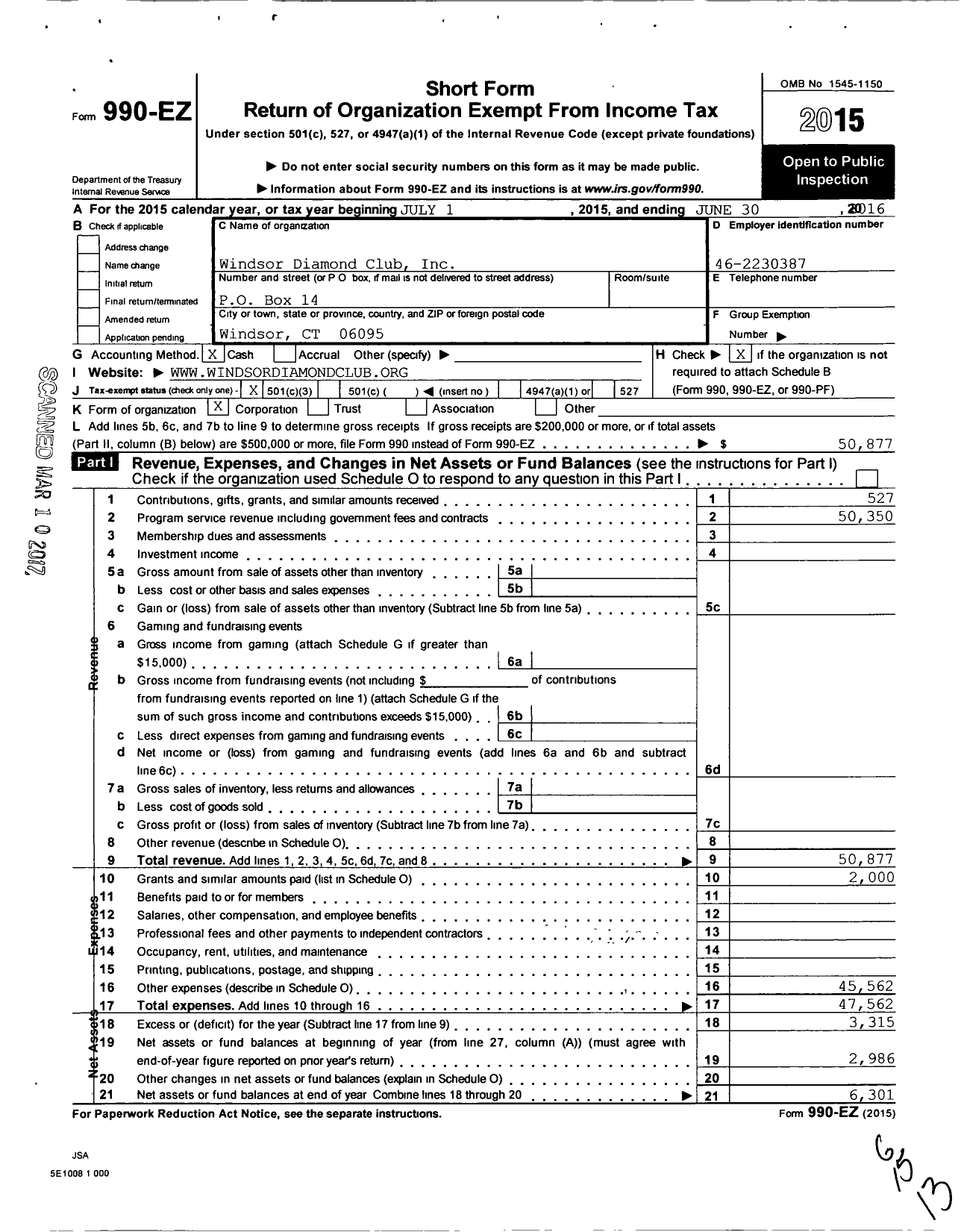 Image of first page of 2015 Form 990EZ for Windsor Diamond Club