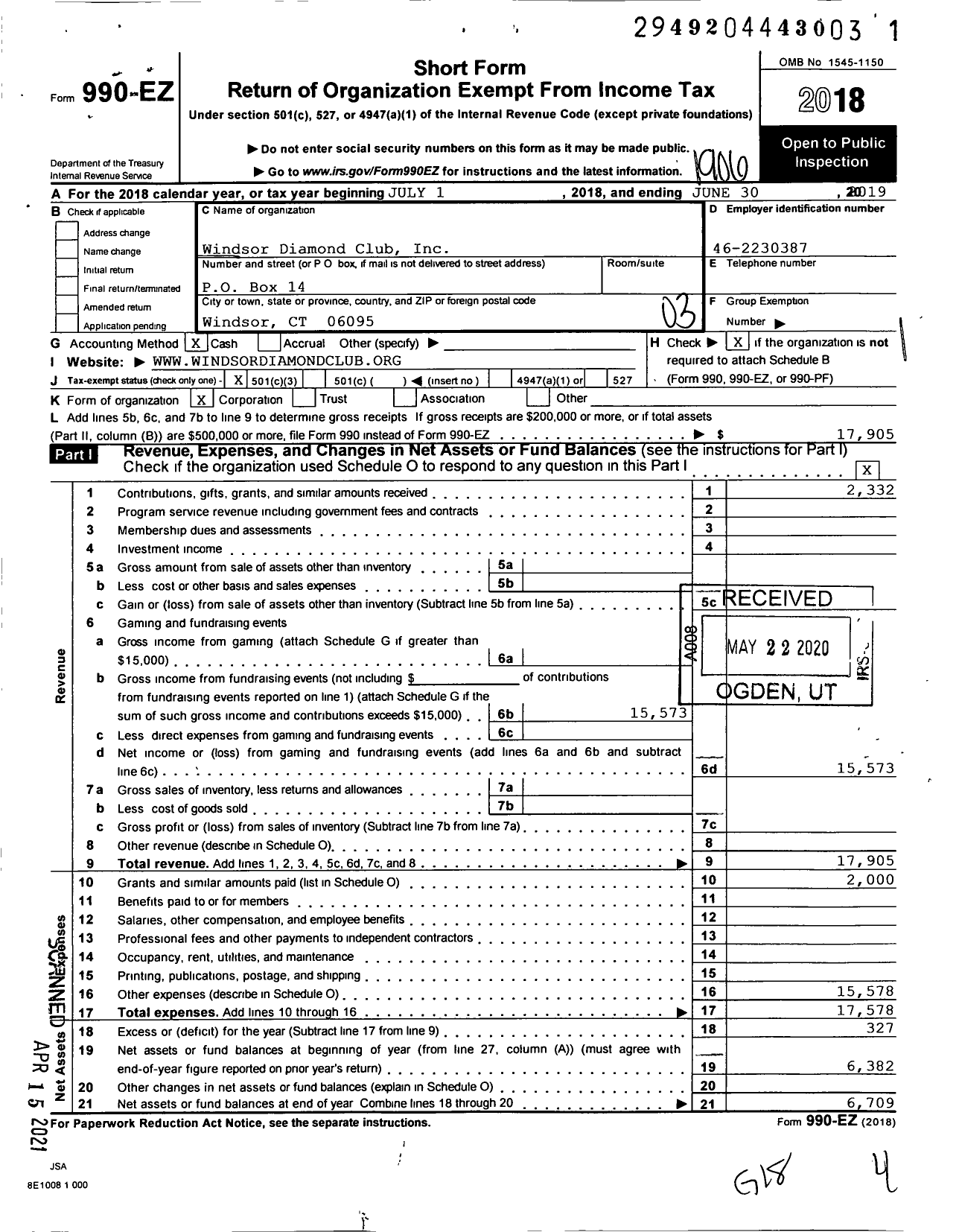 Image of first page of 2018 Form 990EZ for Windsor Diamond Club