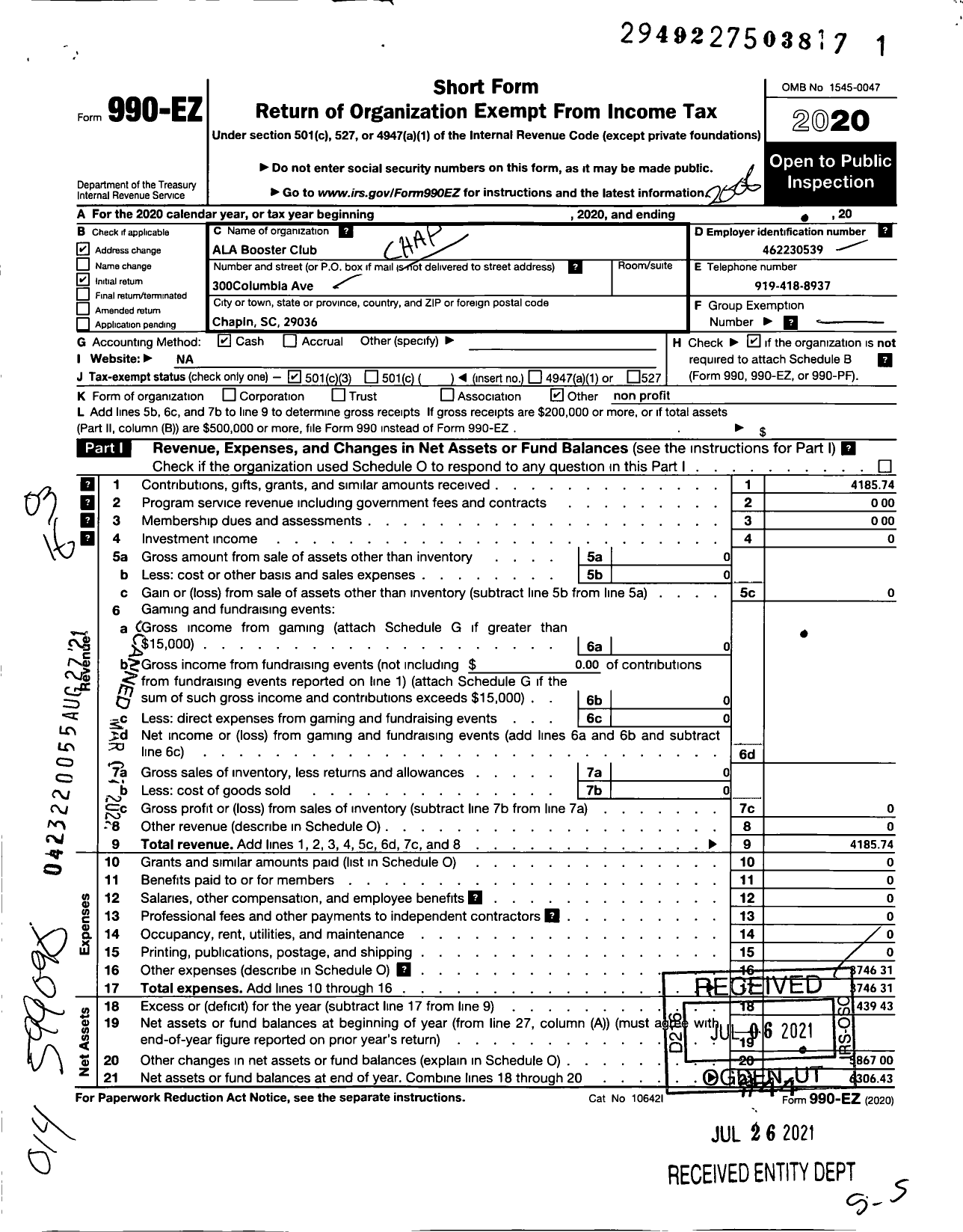 Image of first page of 2019 Form 990EZ for Chapin Academic Leadership Academy Booster Club