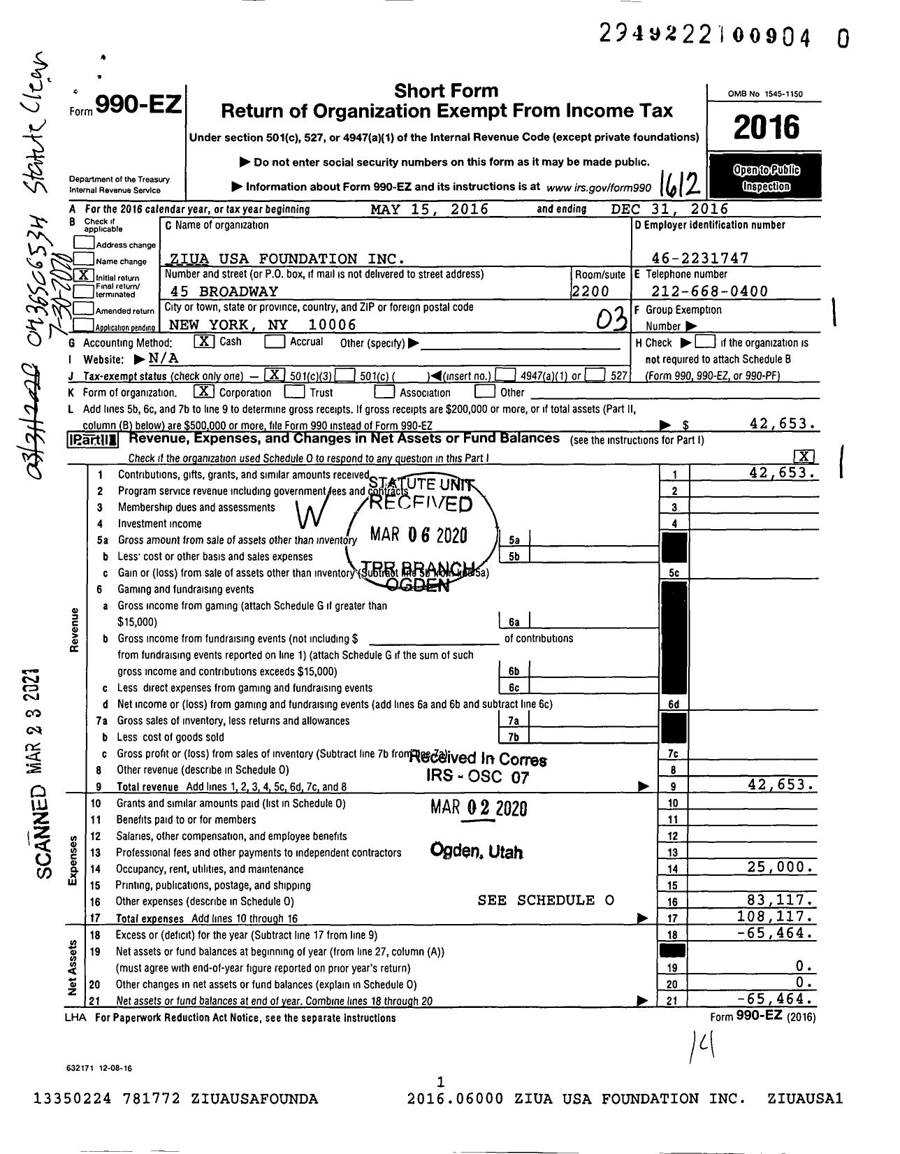 Image of first page of 2016 Form 990EZ for Ziua USA Foundation