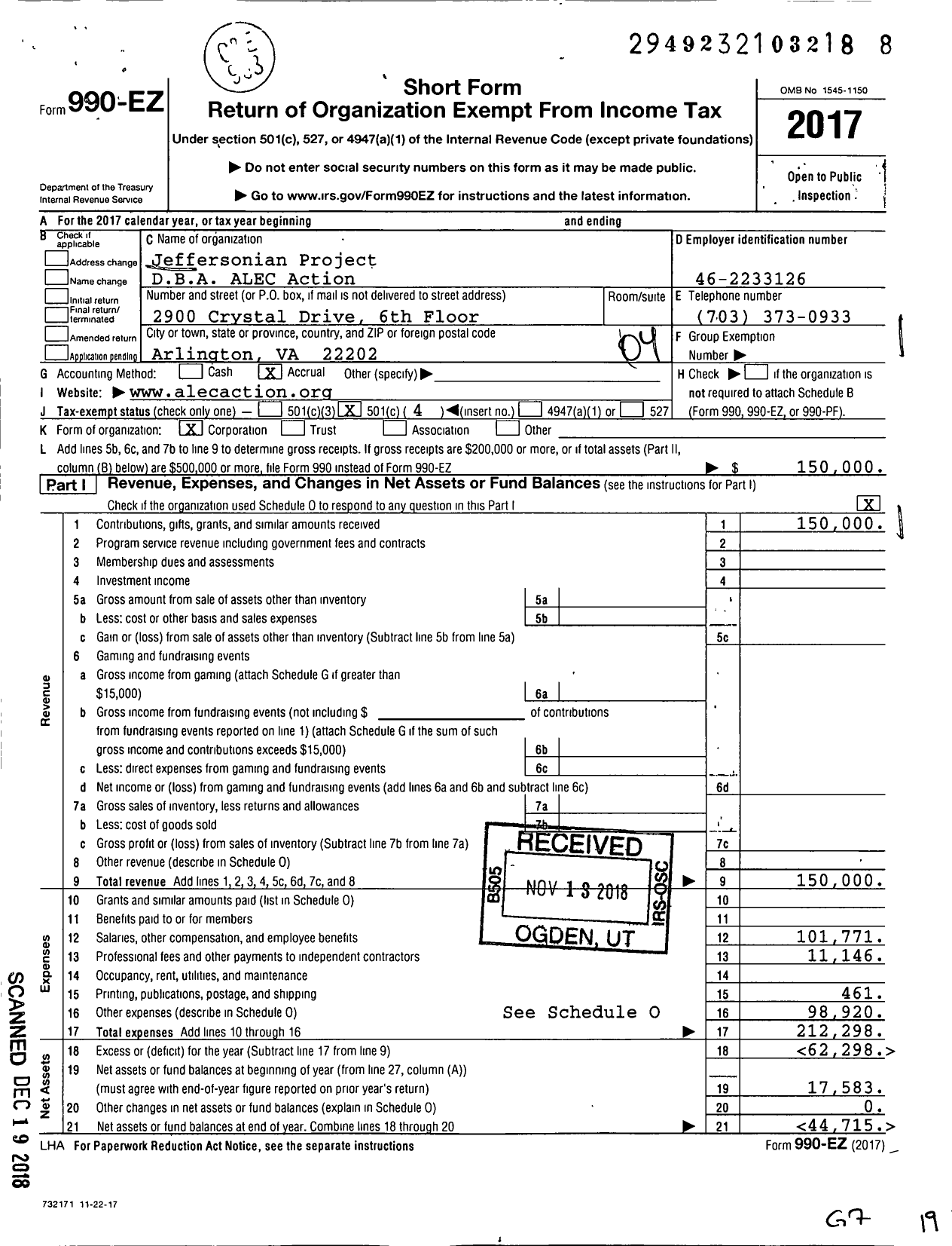 Image of first page of 2017 Form 990EO for ALEC Action