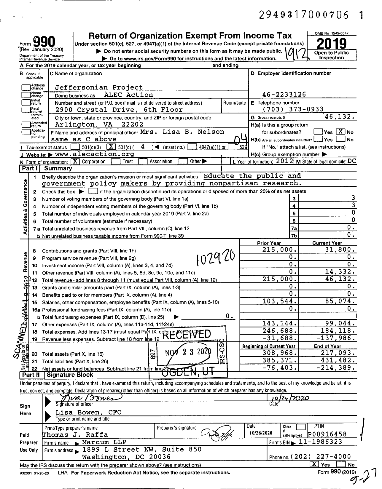 Image of first page of 2019 Form 990O for ALEC Action