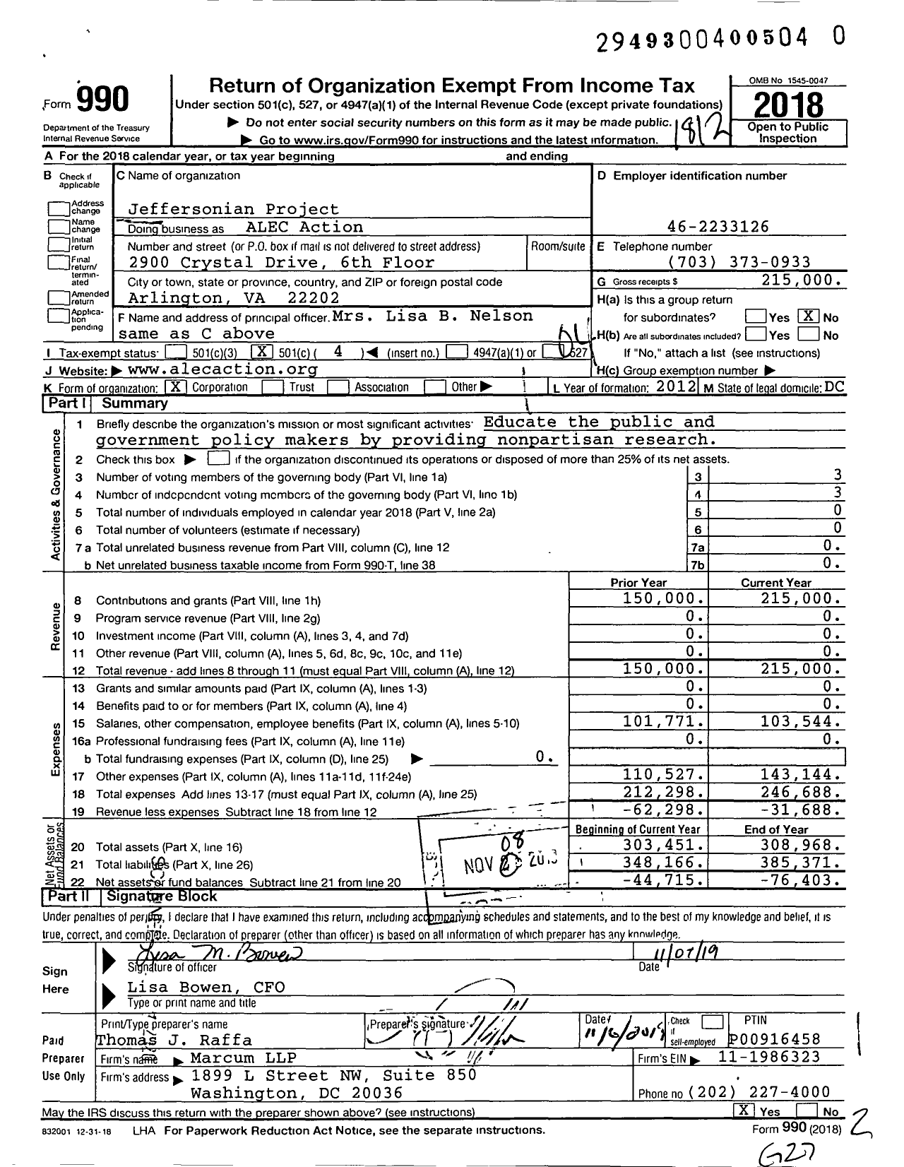 Image of first page of 2018 Form 990O for ALEC Action