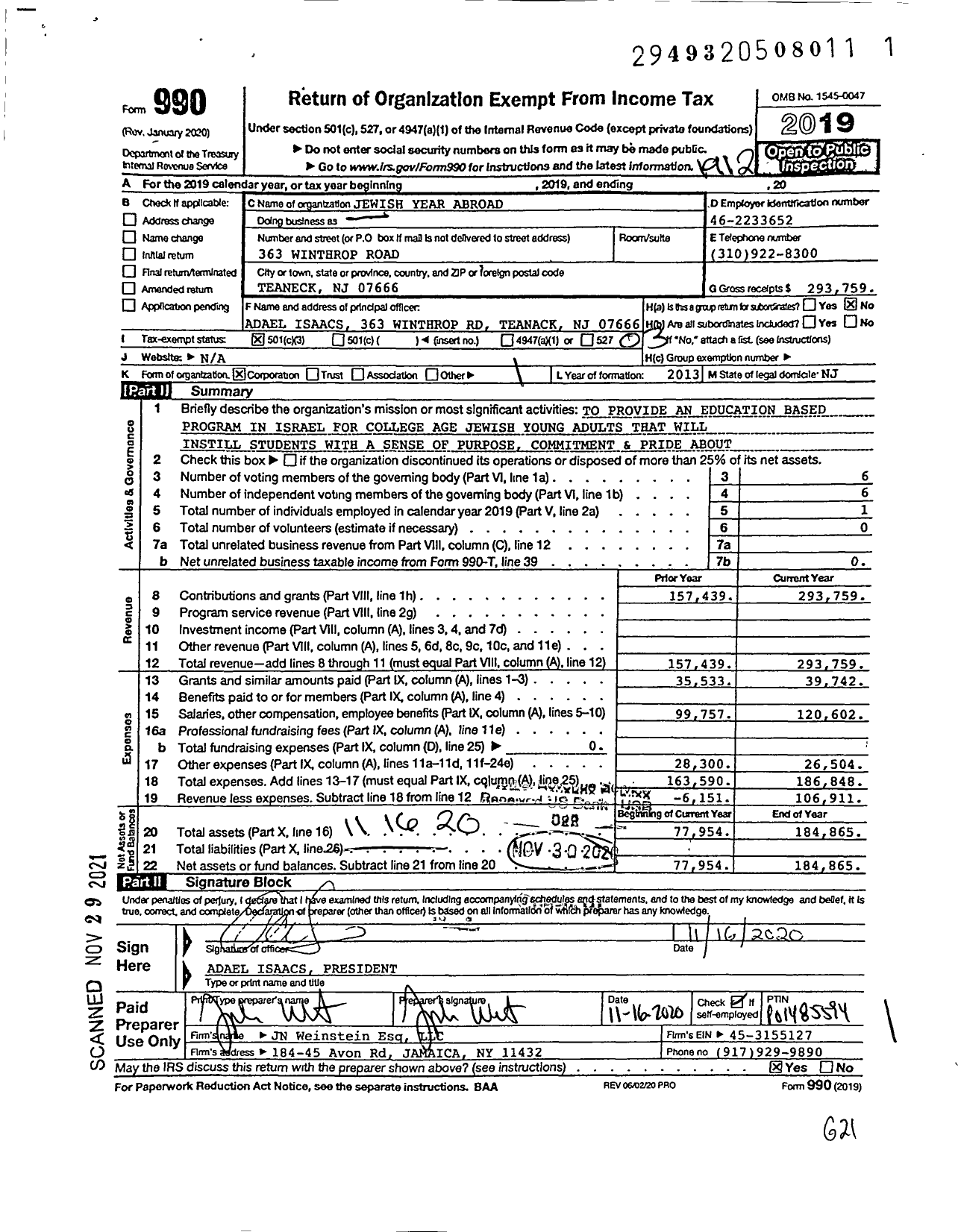 Image of first page of 2019 Form 990 for Jewish Year Abroad