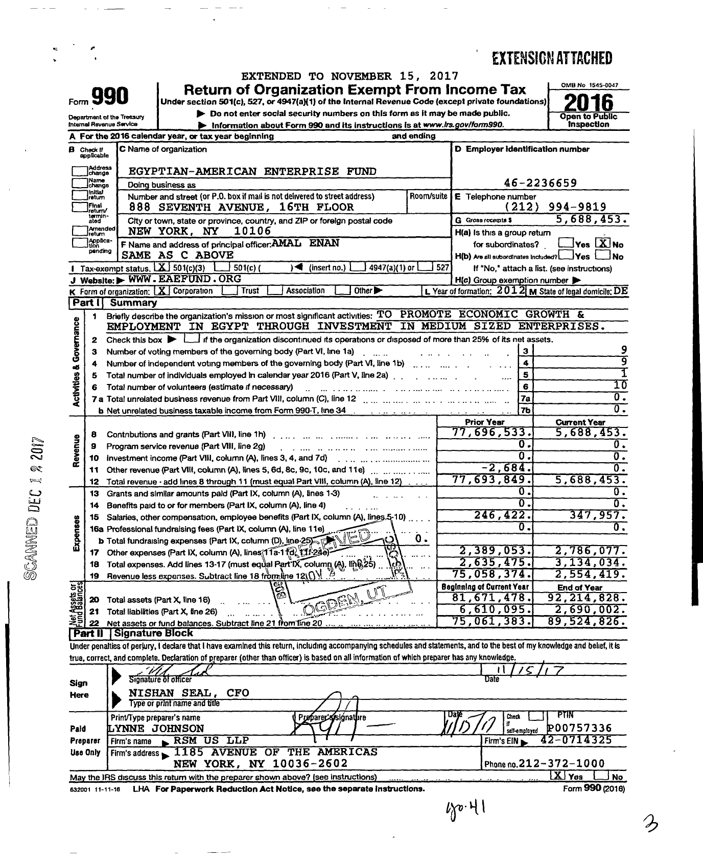 Image of first page of 2016 Form 990 for Egyptian-American Enterprise Fund (EAEF)