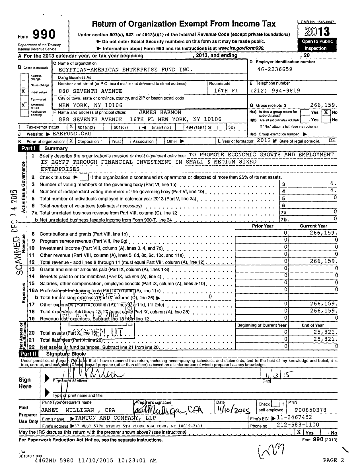 Image of first page of 2013 Form 990 for Egyptian-American Enterprise Fund (EAEF)