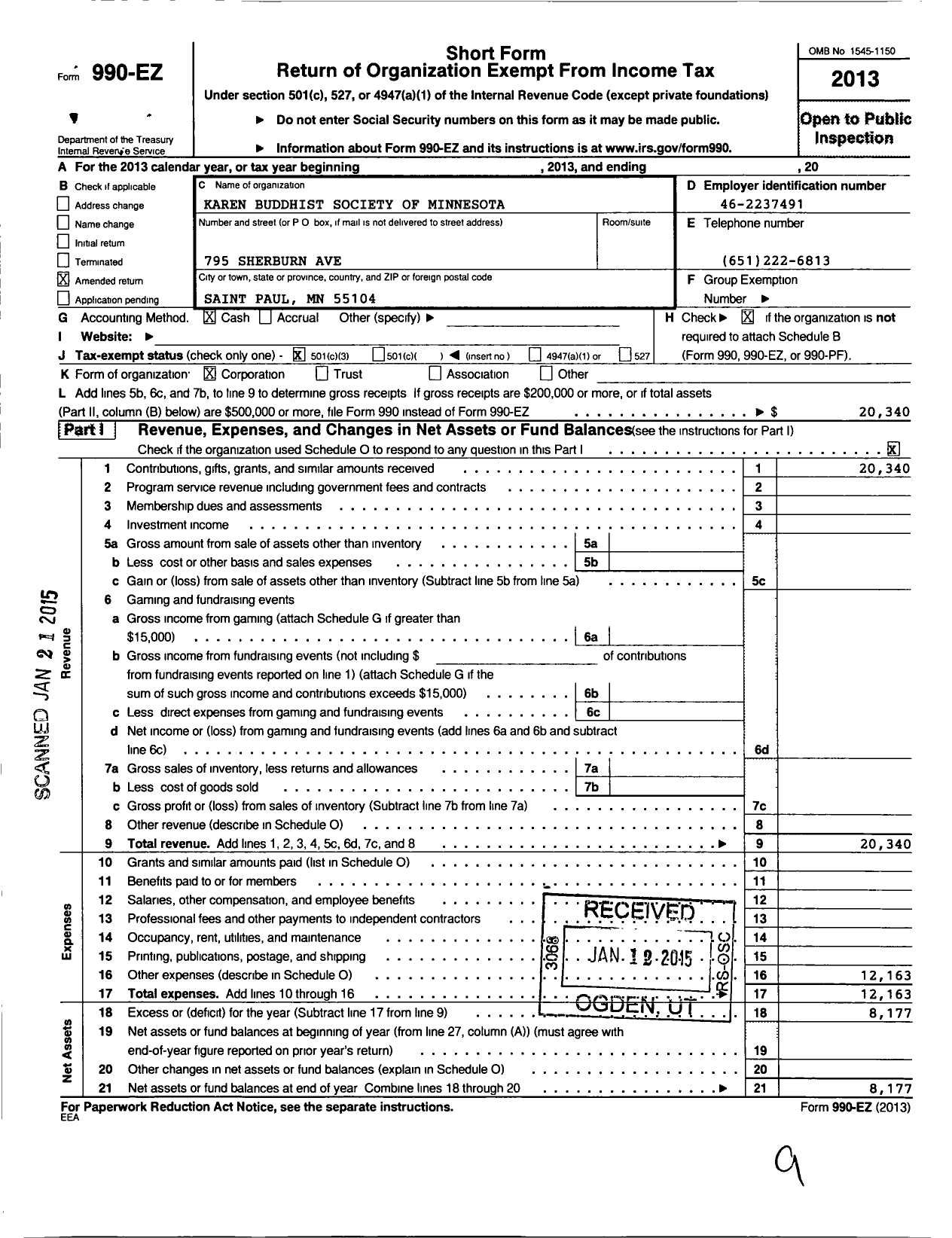 Image of first page of 2013 Form 990EZ for Karen Buddhist Society of Minnesota