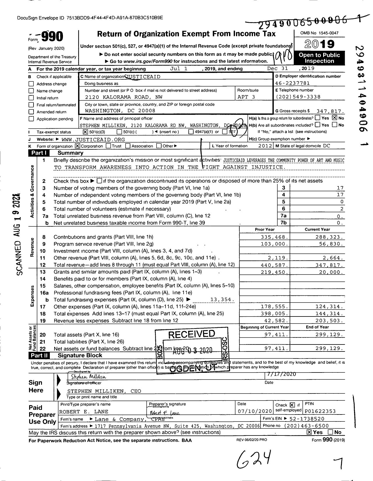 Image of first page of 2019 Form 990 for JusticeAid