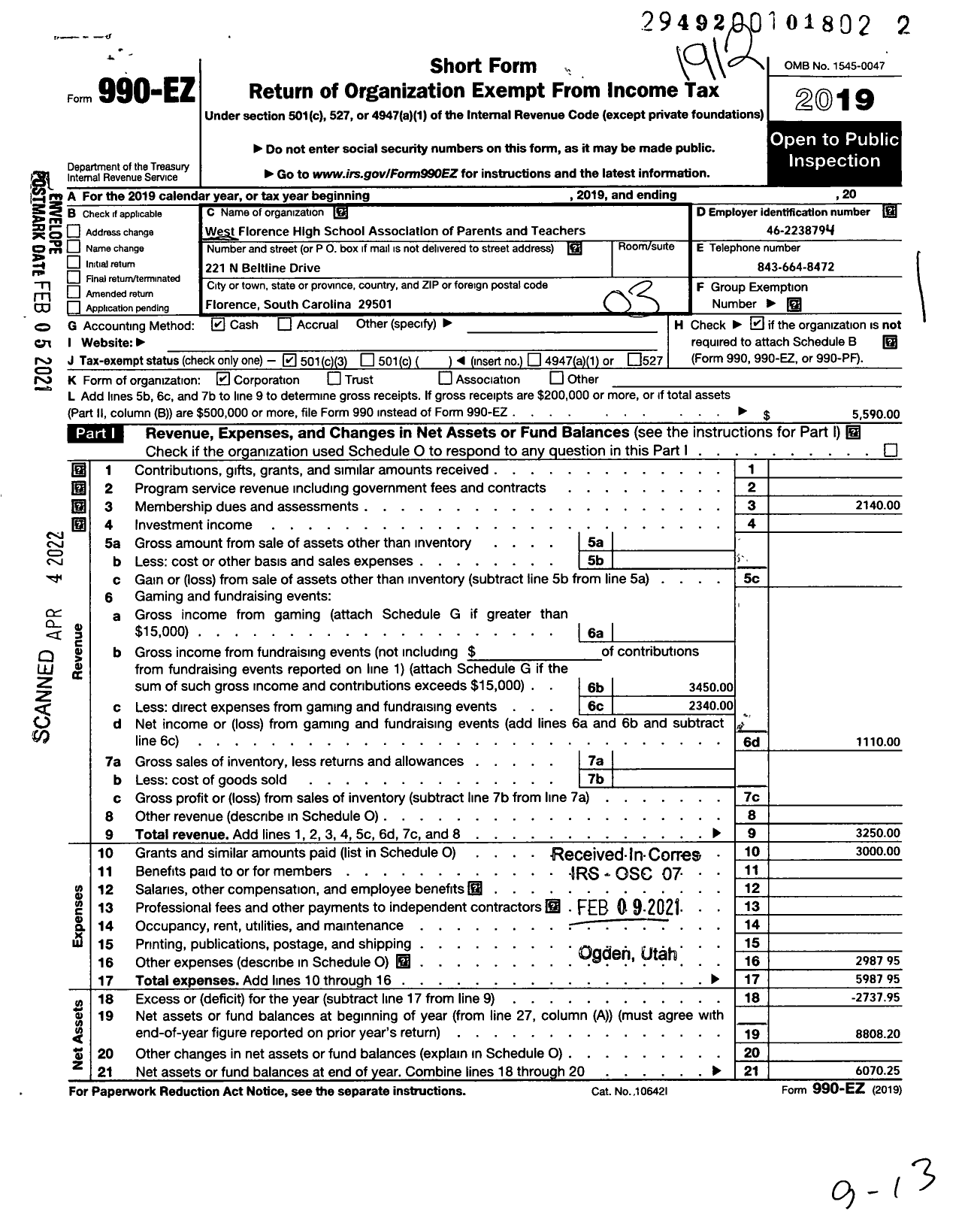 Image of first page of 2019 Form 990EZ for West Florence High School Association of Parents and Teacher