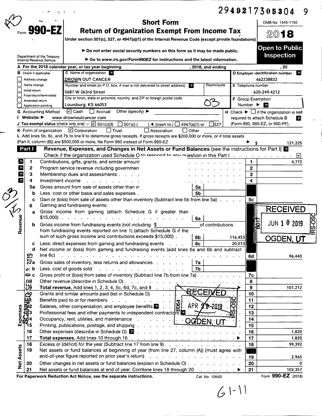 Image of first page of 2018 Form 990EZ for Drown Out Cancer