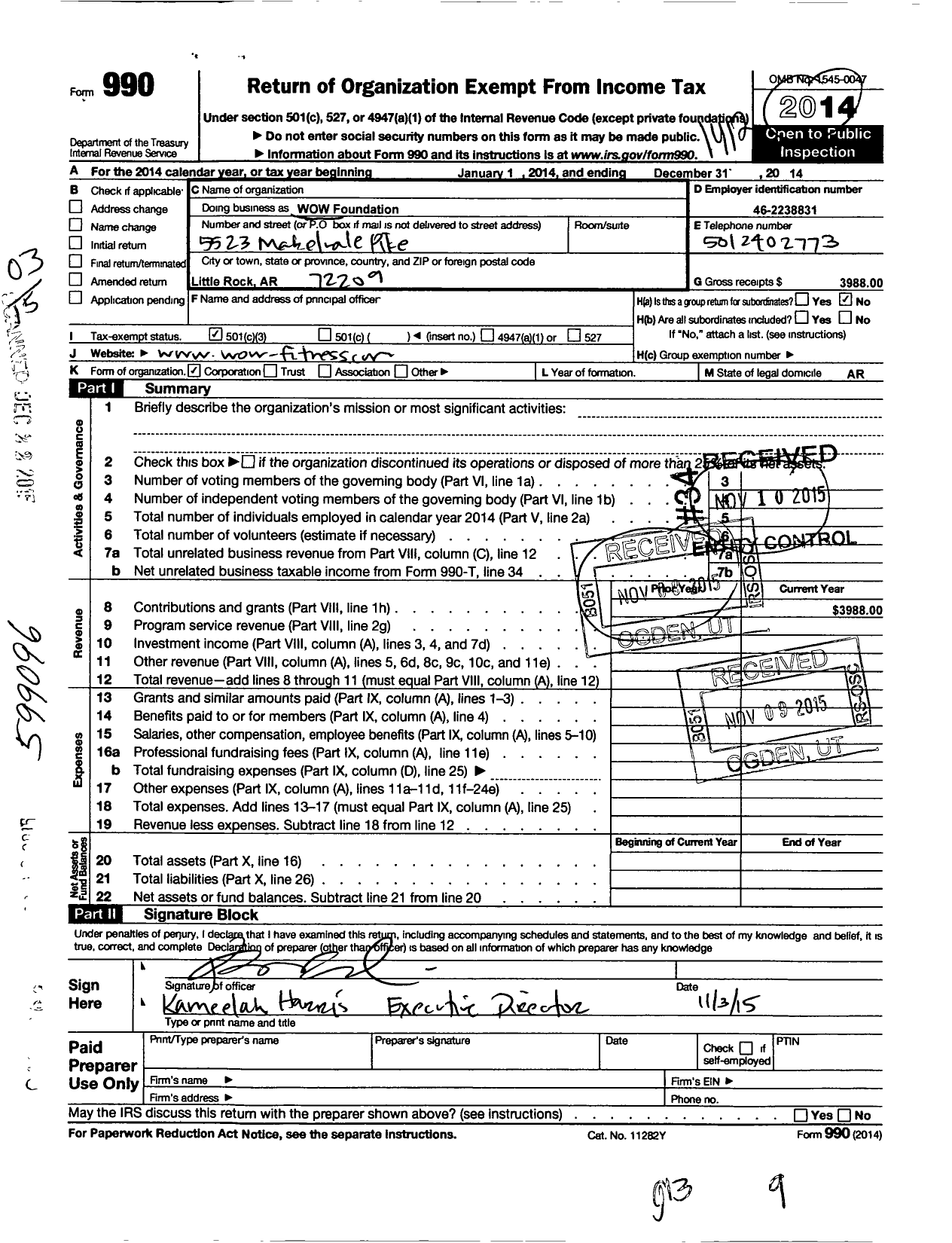 Image of first page of 2014 Form 990 for WOW Foundation