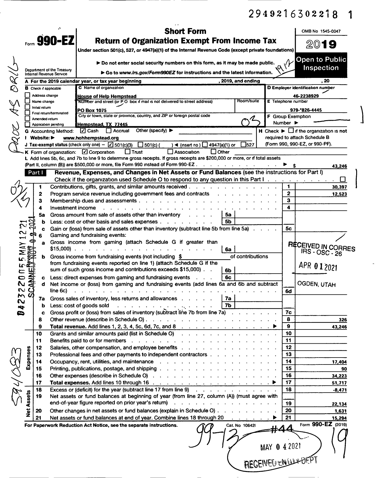 Image of first page of 2019 Form 990EZ for House of Help Hempstead