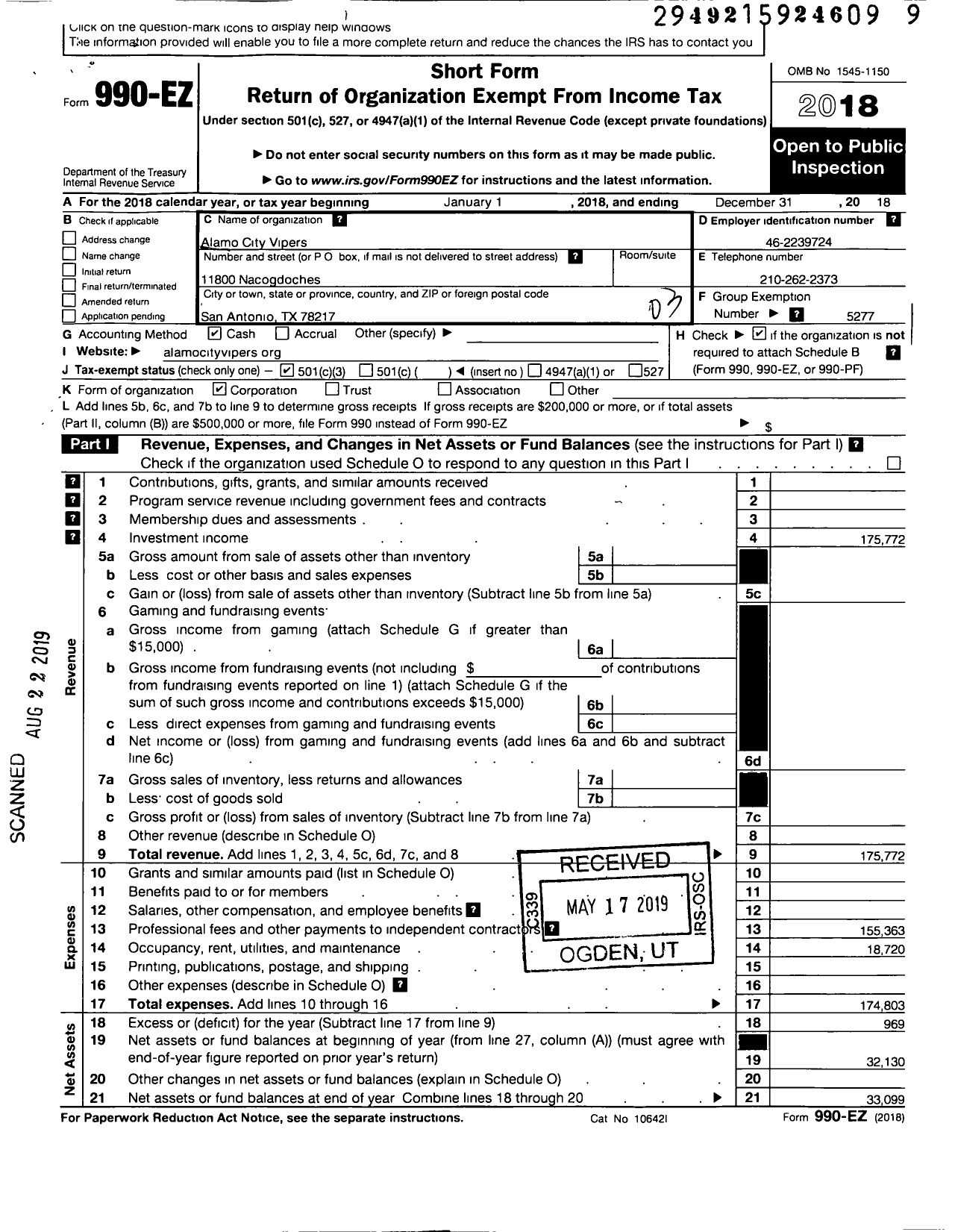 Image of first page of 2018 Form 990EZ for American Youth Football - Alamo City Vipers