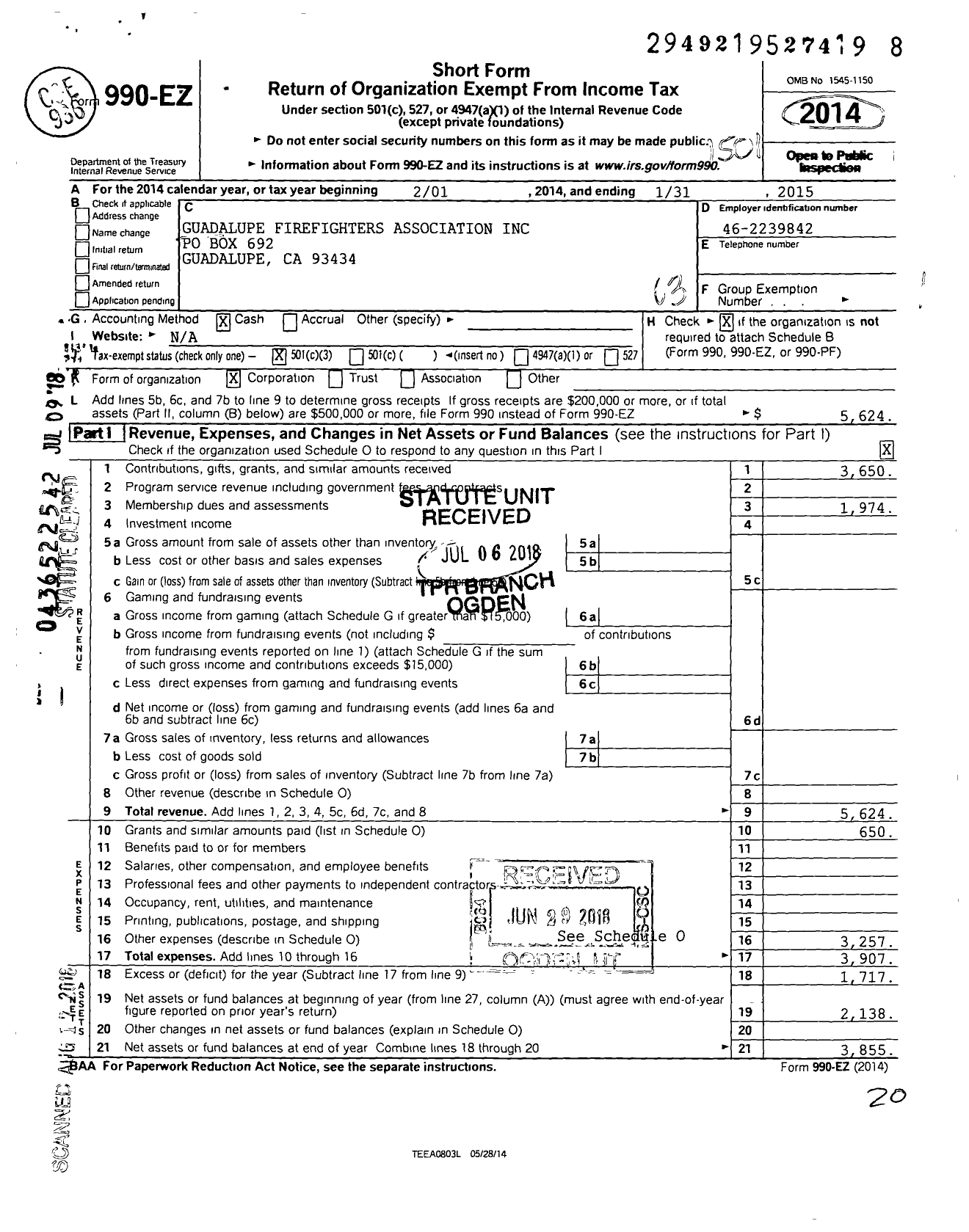 Image of first page of 2014 Form 990EZ for Guadalupe Firefighters Association