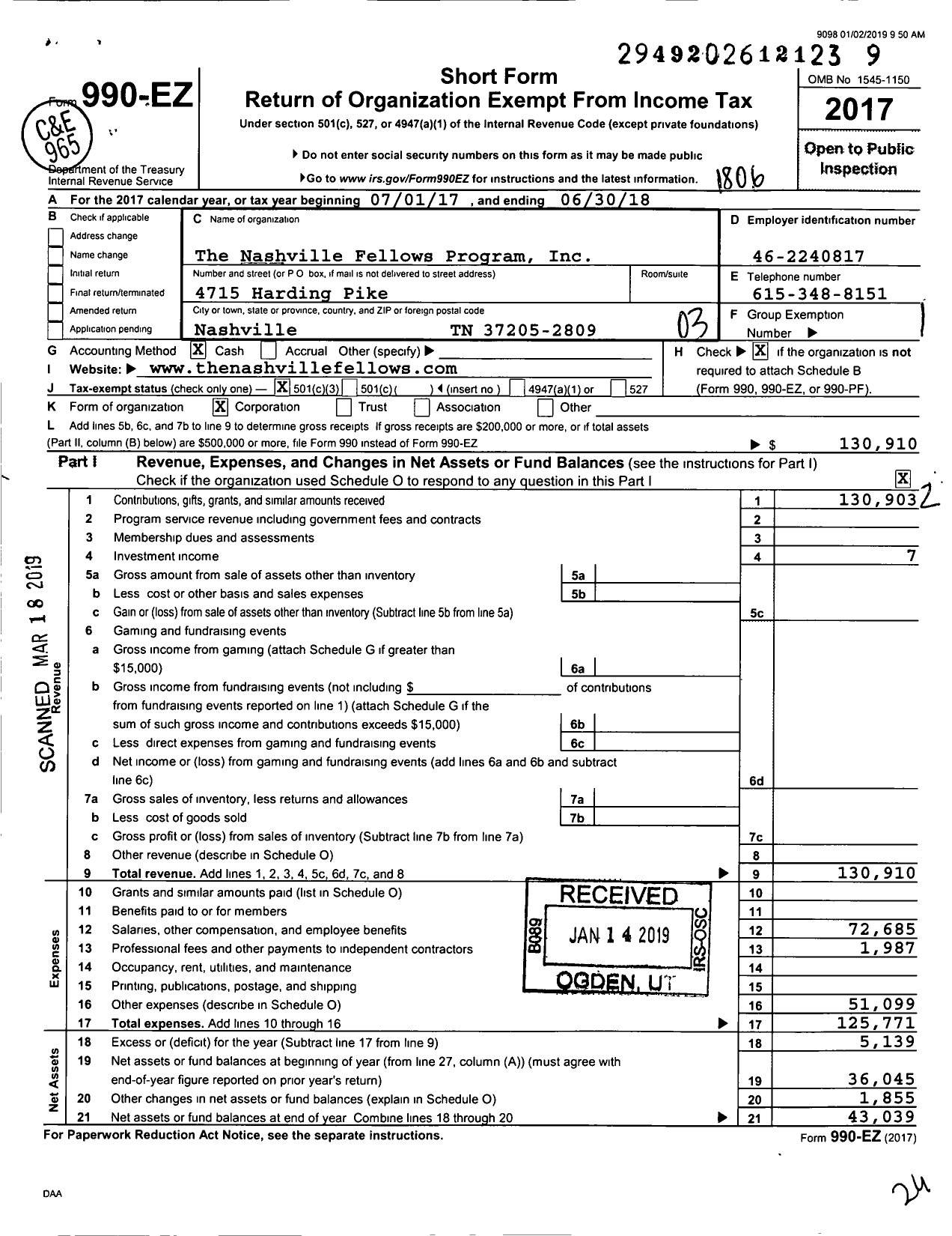 Image of first page of 2017 Form 990EZ for Nashville Fellows Program