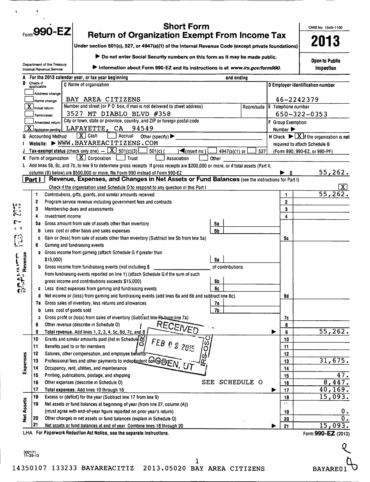 Image of first page of 2013 Form 990EZ for Bay Area Citizens