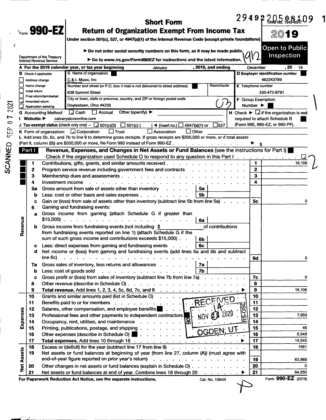 Image of first page of 2019 Form 990EZ for C and L Music