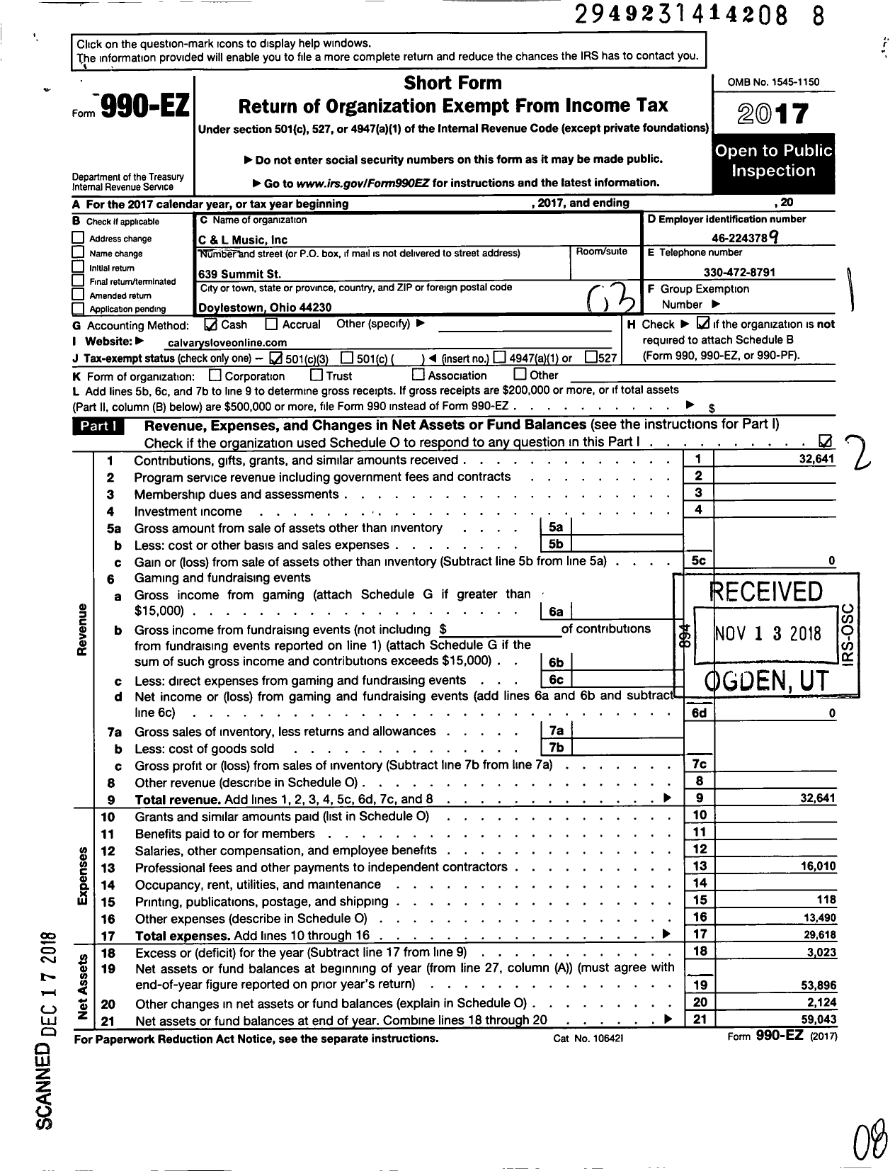 Image of first page of 2017 Form 990EZ for C and L Music